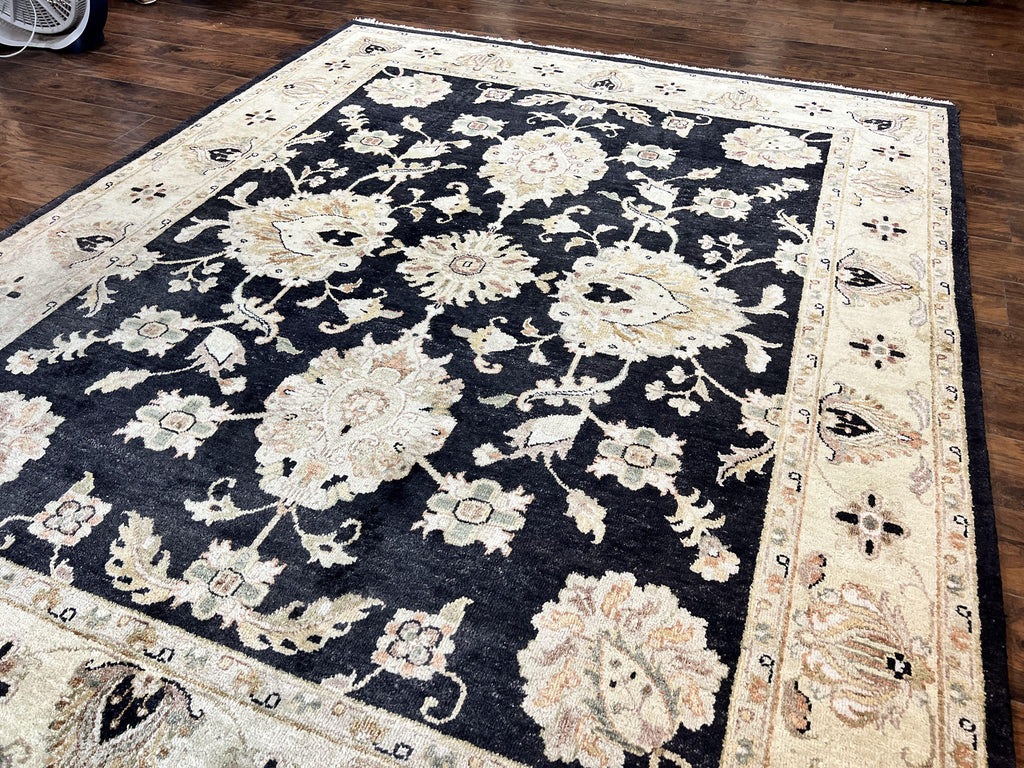 Indo Mahal Rug 8x10, Black and Beige, Vintage Rug 8 x 10 ft, Floral, Handmade Wool Carpet