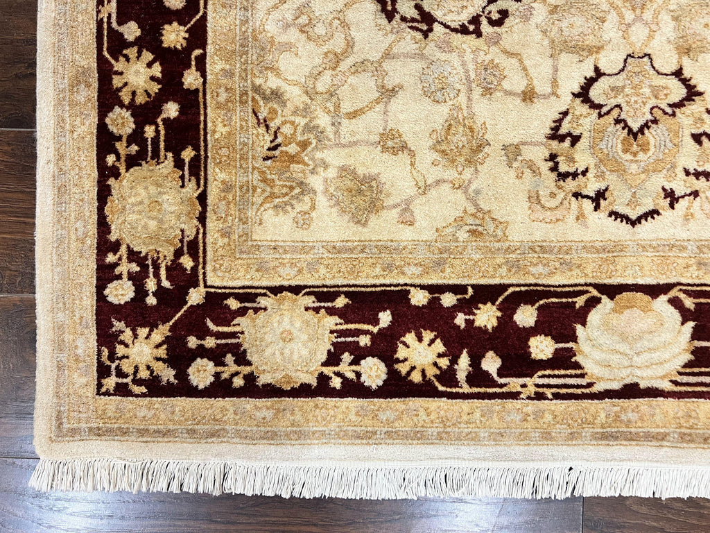 Peshawar Rug 5x7, Beige and Maroon, Vintage Handmade Wool Traditional Carpet 5 x 7 ft, Pakistani Rug, Agra Pattern, Very Fine 260 KPSI