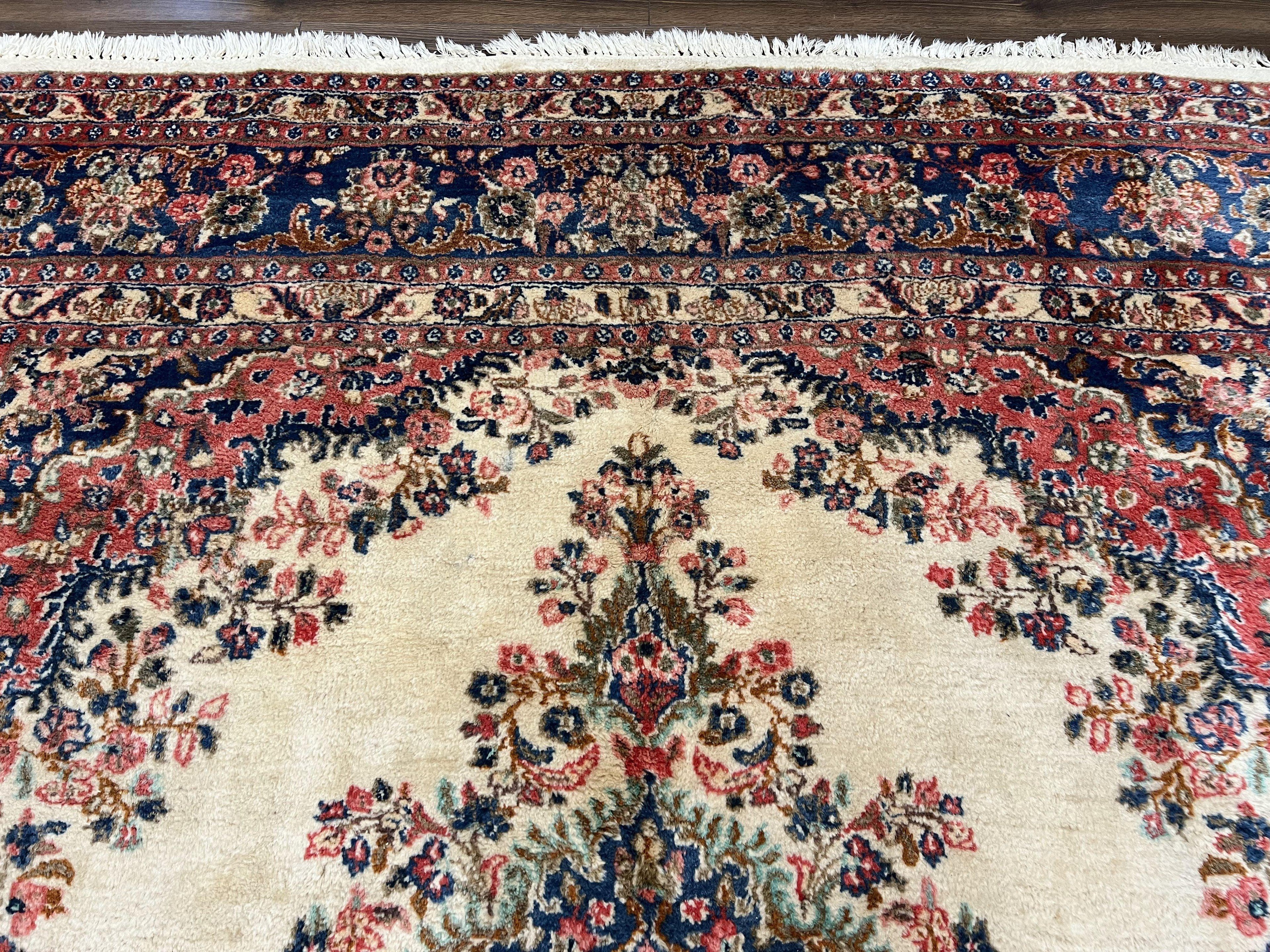 Persian Rug 9x10, Hamadan Rug, Antique Oriental Carpet, Wool Rug, Semi Open Field, Cream and Navy Blue, Kirman Design Hand Knotted Almost Square Rug