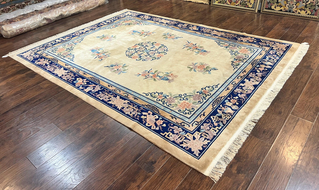 Chinese Wool Rug 8x11, Peking Asian Oriental Carpet, Cream/Ivory and Blue, Vintage Handmade Rug, Art Deco Rug