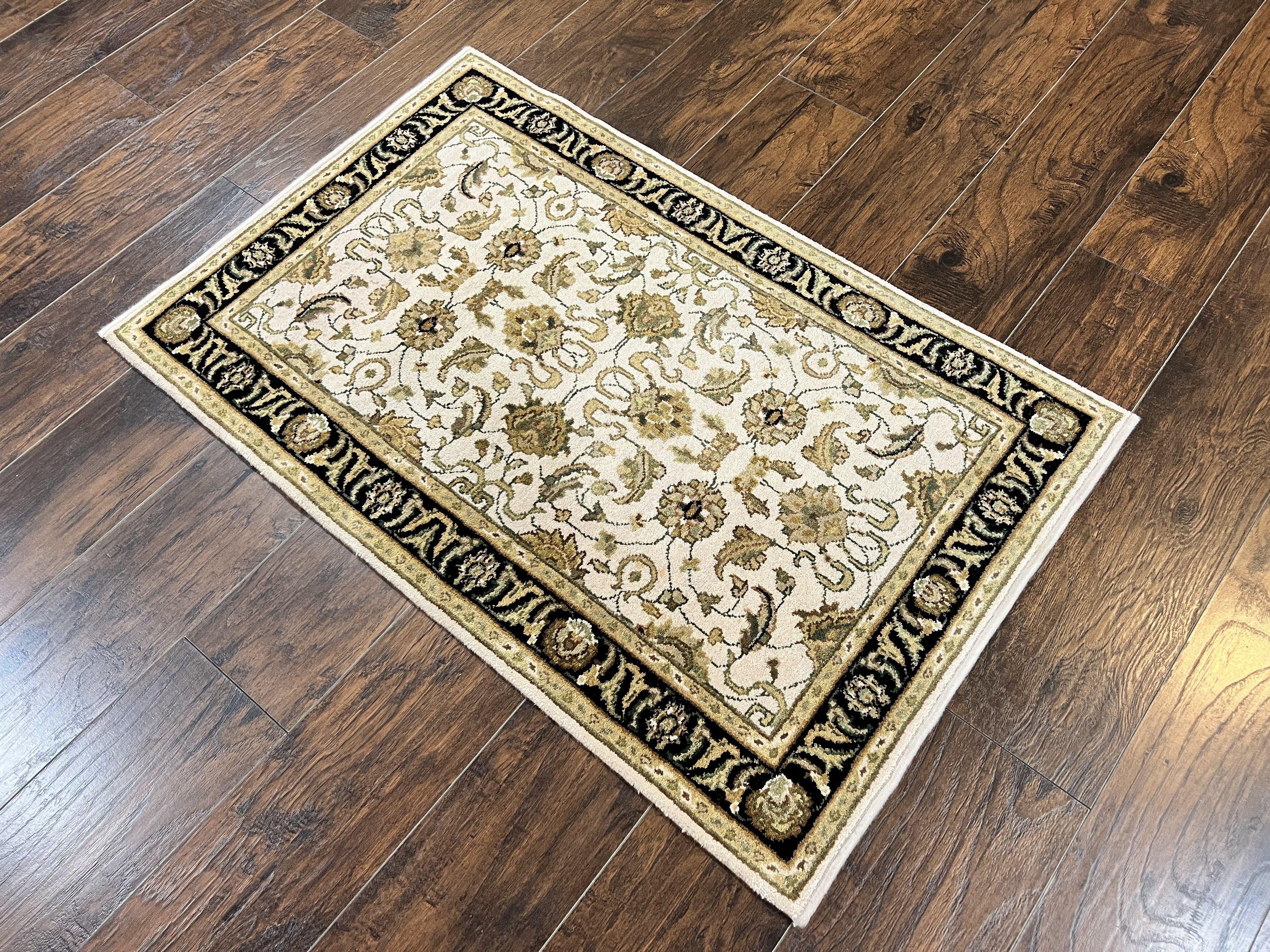 Small Indo Mahal Rug 2.5 x 4, Wool Indian Oriental Carpet, Hand Knotted Handmade Vintage Traditional Rug, Beige Tan Black