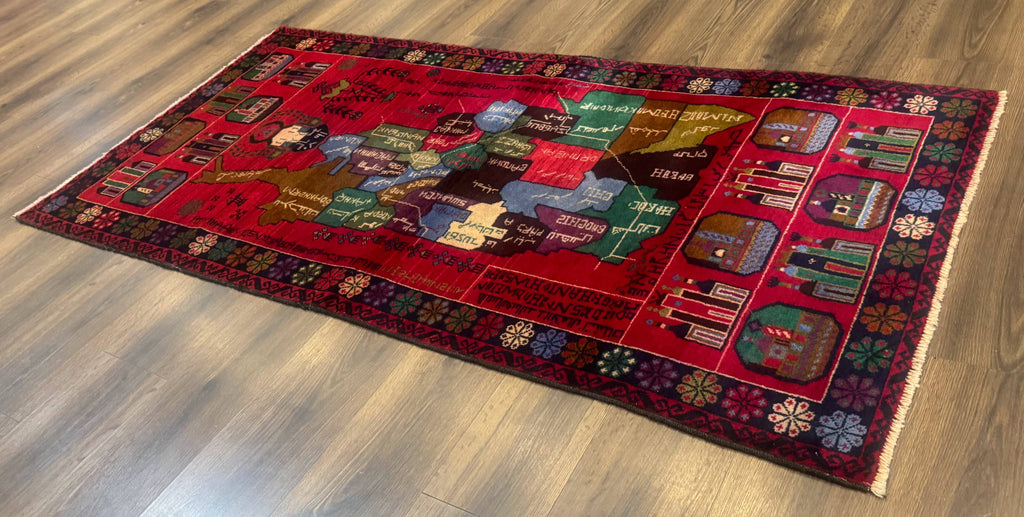Afghan Rug 3x7, Map of Afghanistan, War Rug, Tribal Rug, Balouch Rug, New, Red