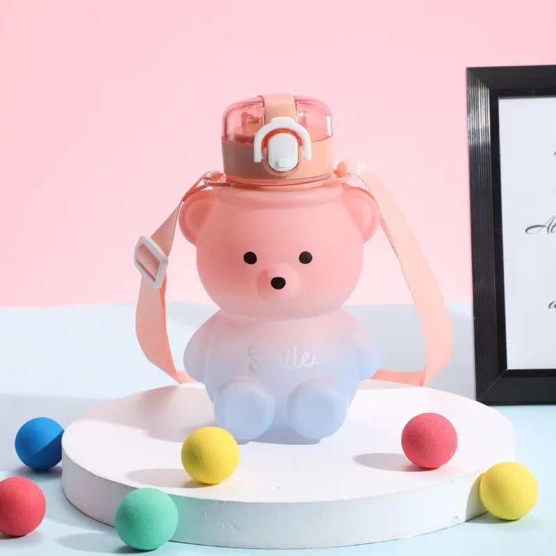 800ML Water Bottle for Kids with Straw Mug Cup Bear Summer Outdoor Sport Plastic Girls School Cute Drinking Cup Bear Water Bottle with Straw and Strap Cute Water Bottles for Kids Drinking Water Bottles Portable Leak Proof