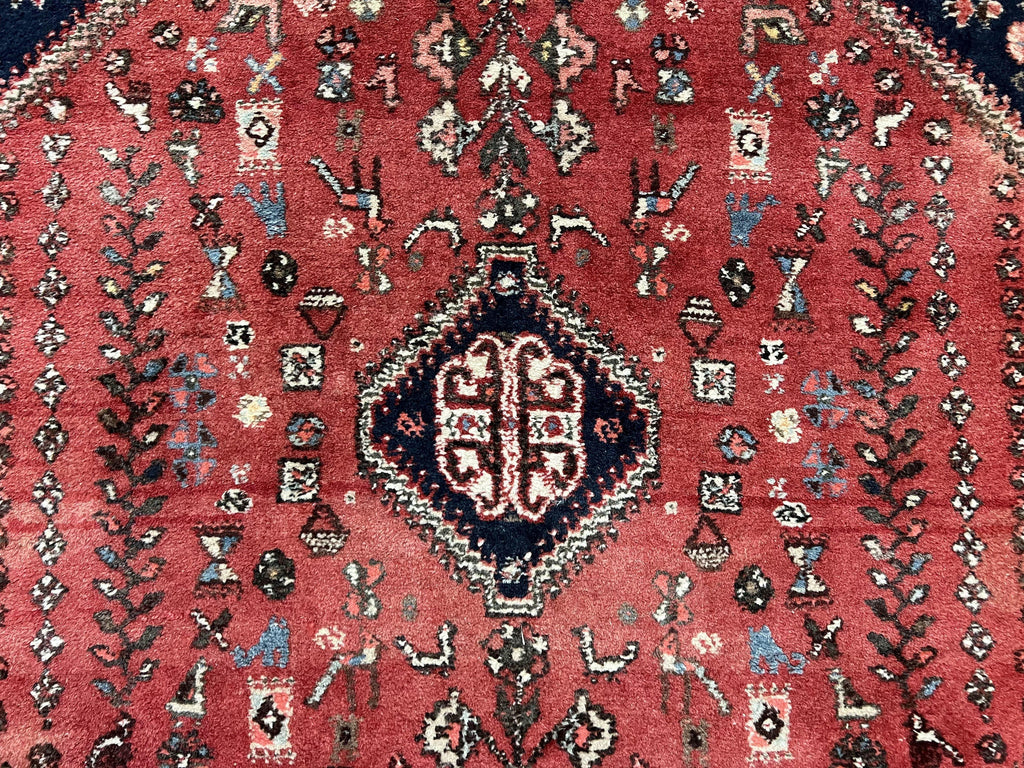 Persian Tribal Rug 3.6 x 5 ft, Persian Abadeh Rug, Geometric Medallion Bird Motifs, Red and Navy Blue Hand Knotted Handmade Wool Vintage Oriental Carpet