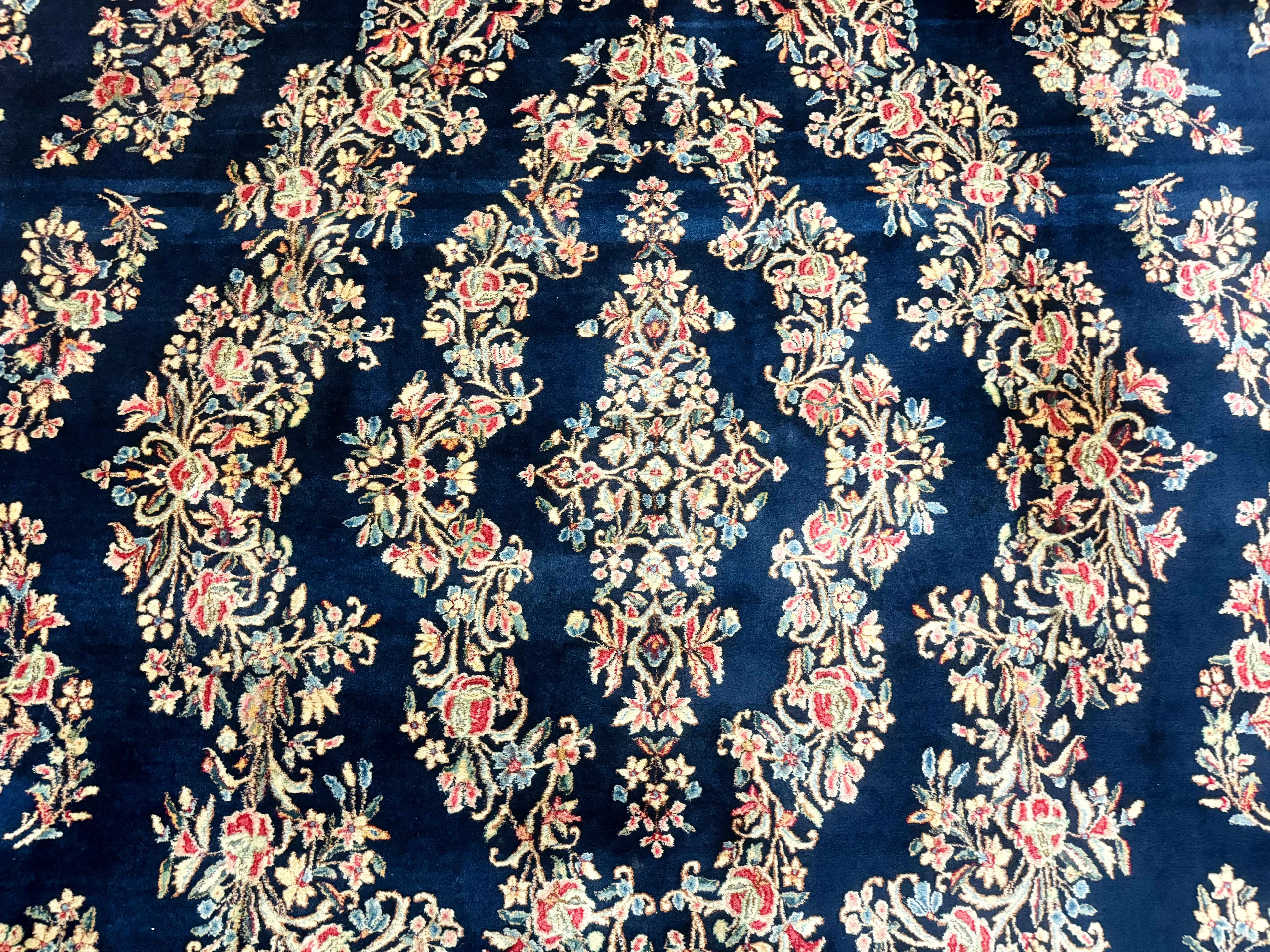 Antique Persian Kerman Rug 10x13, Navy Blue Floral Carpet, Fine 270 KPSI
