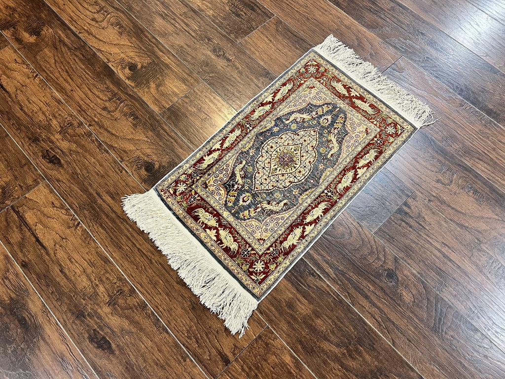 Silk Turkish Hereke Rug 2x3, Peacocks Birds, Signature from Master Weaver, Super Finely Hand Knotted 550 KPSI, Animal Pictorials