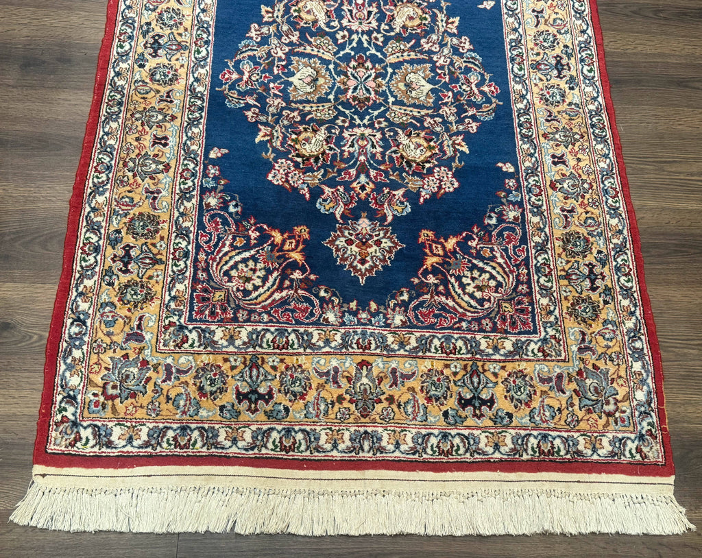 Blue Persian Qum Rug 3.6 x 5, Floral Medallion, Fine 310 KPSI