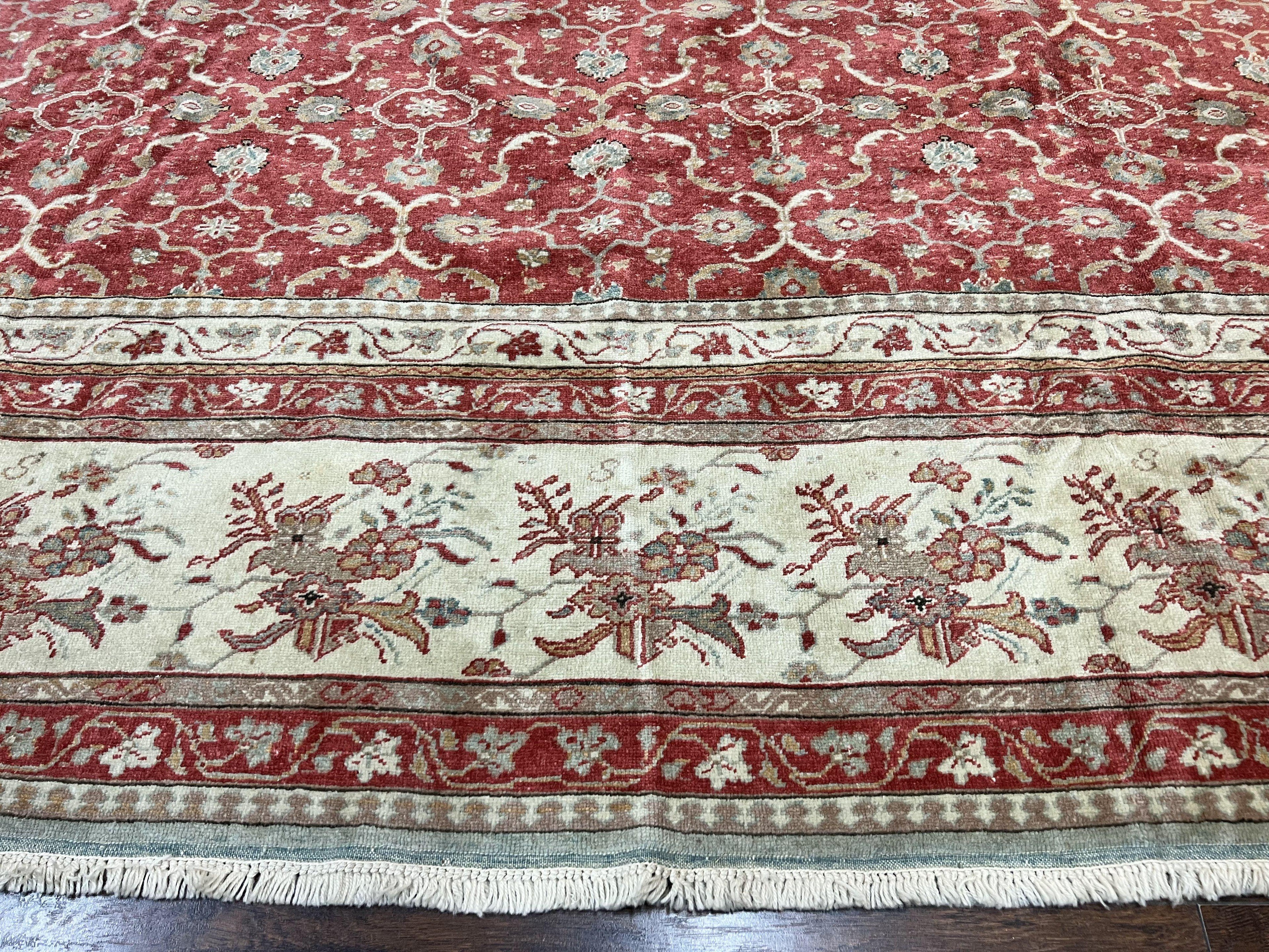 Turkish Oushak Rug 12x18, Wool Hand Knotted Vintage Carpet, Red & Oatmeal, 12 x 18 Palace SIze Handmade Oriental Rug