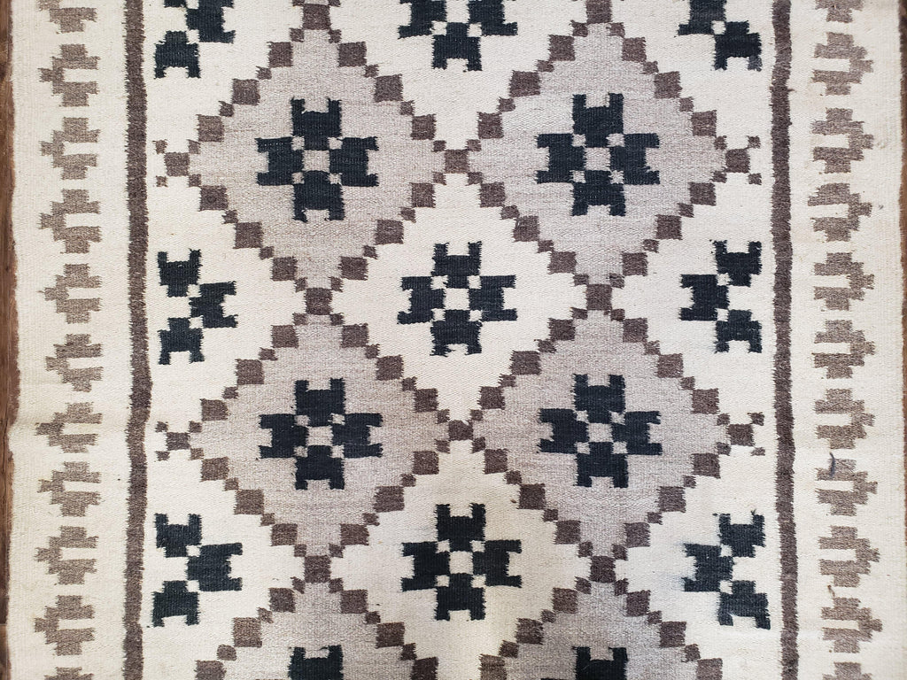 Semi Antique South American Blanket 4x8, Wool Hand-Woven Flatweave Kilim Rug, Handmade Antique Vintage Runner, Ivory & Blue, Diamond Panel