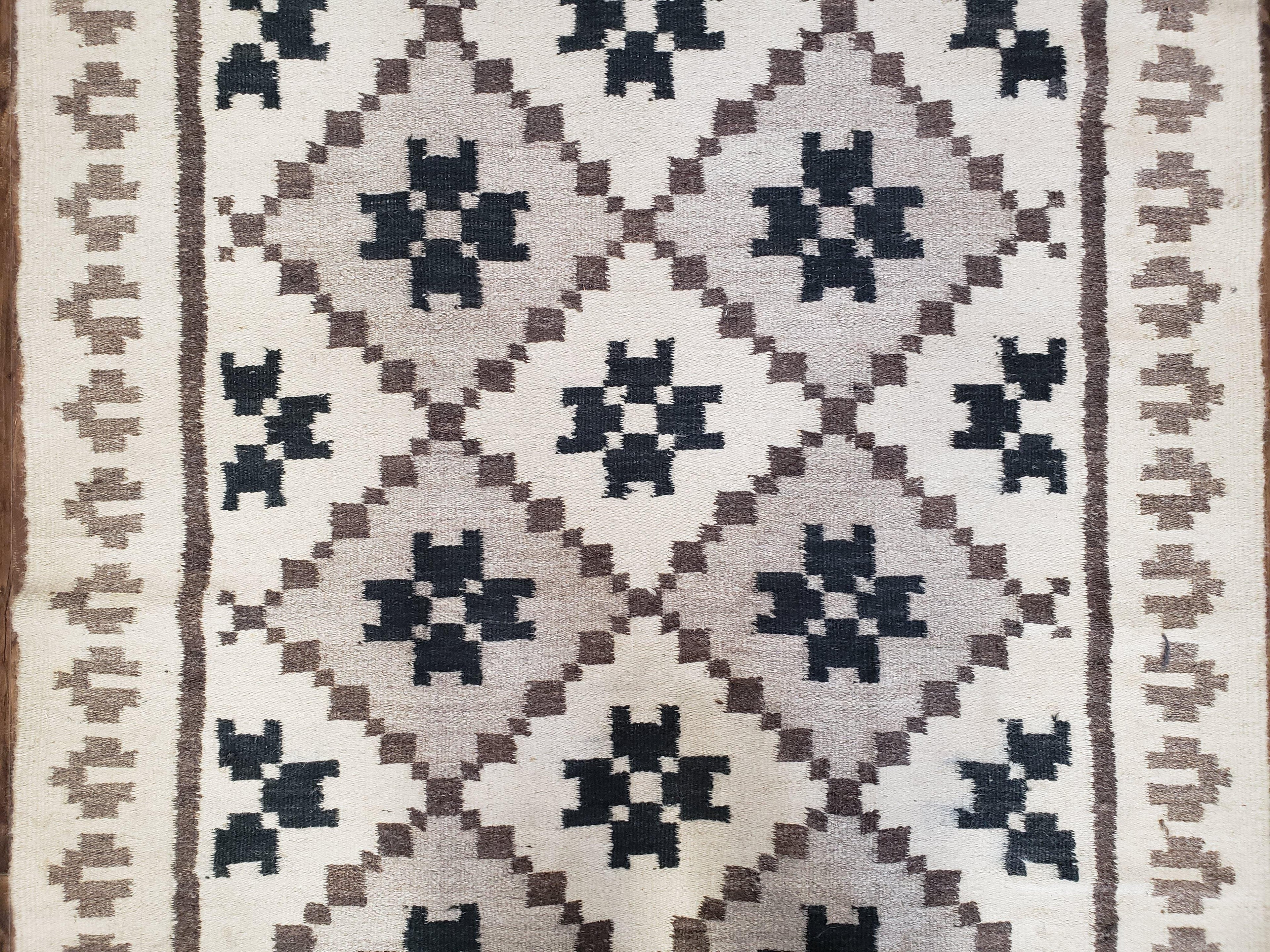 Semi Antique South American Blanket 4x8, Wool Hand-Woven Flatweave Kilim Rug, Handmade Antique Vintage Runner, Ivory & Blue, Diamond Panel