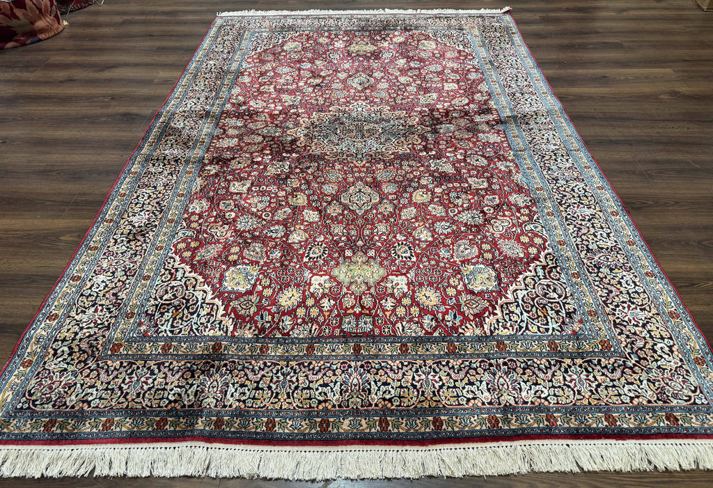 Indian Kashmiri Silk Rug 6x9, Red and Navy Blue, Floral Medallion, Fine 275 KPSI