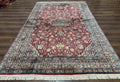 Indian Kashmiri Silk Rug 6x9, Red and Navy Blue, Floral Medallion, Fine 275 KPSI