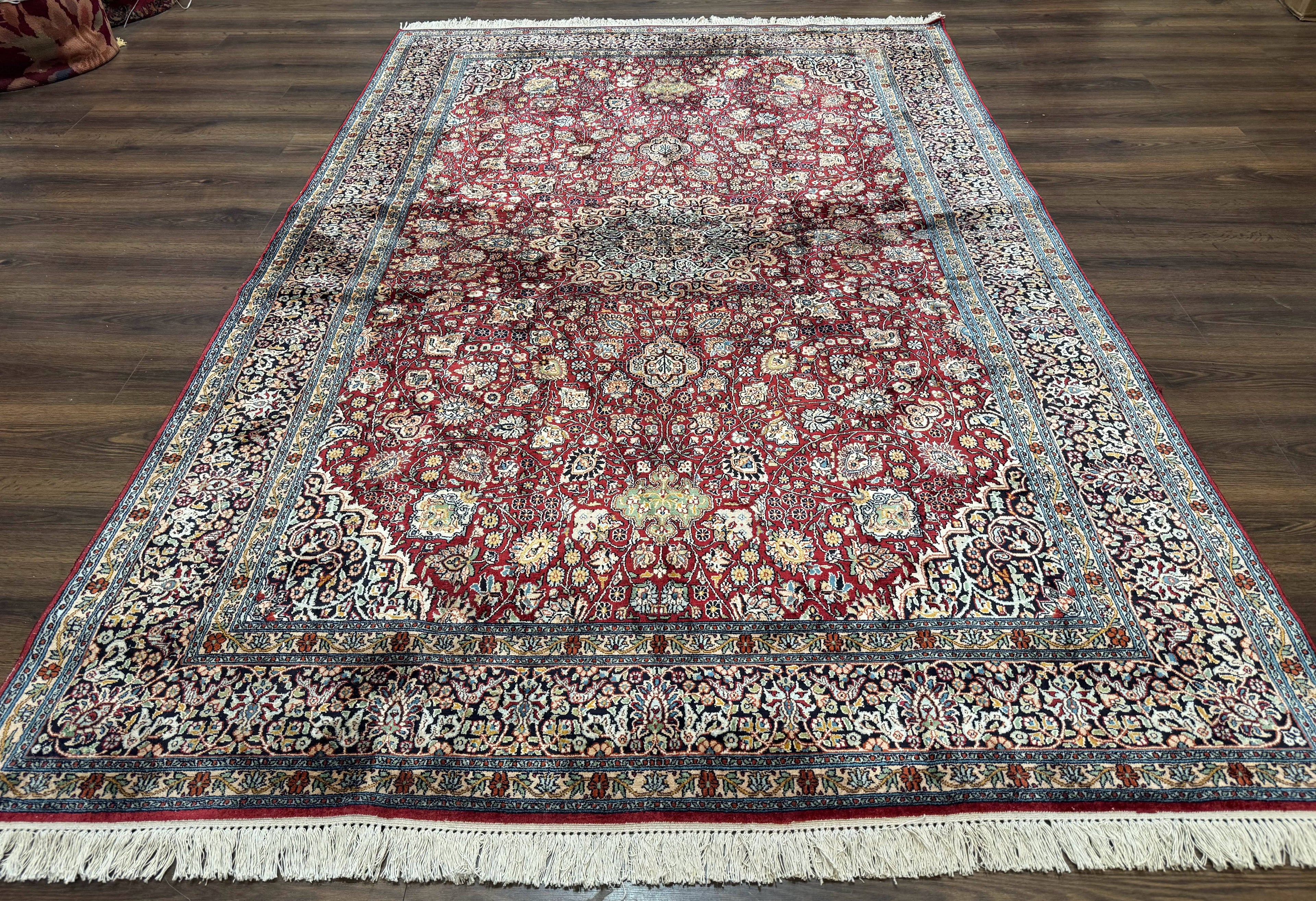 Indian Kashmiri Silk Rug 6x9, Red and Navy Blue, Floral Medallion, Fine 275 KPSI