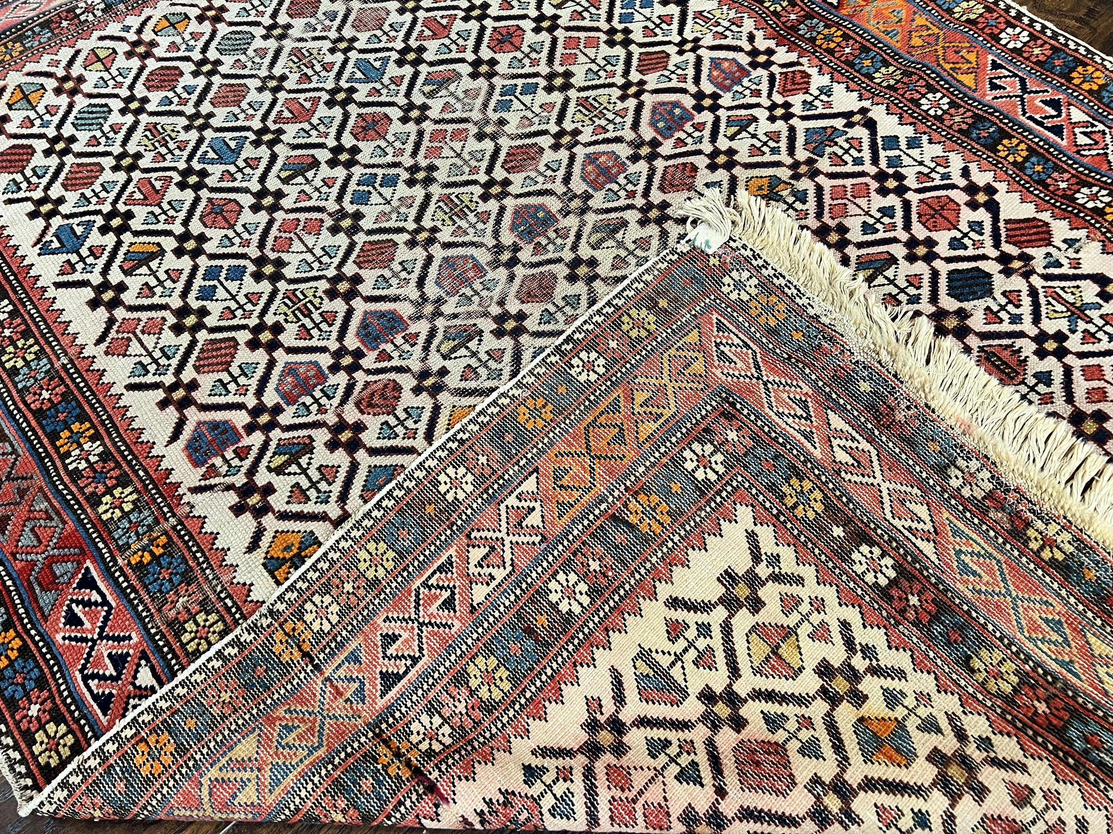 Antique Caucasian Rug 4x5, Hand Knotted Handmade Shirvan Oriental Carpet, Ivory Red Rug Allover Pattern, Rare Wool Rug, Tribal Geometric Rug