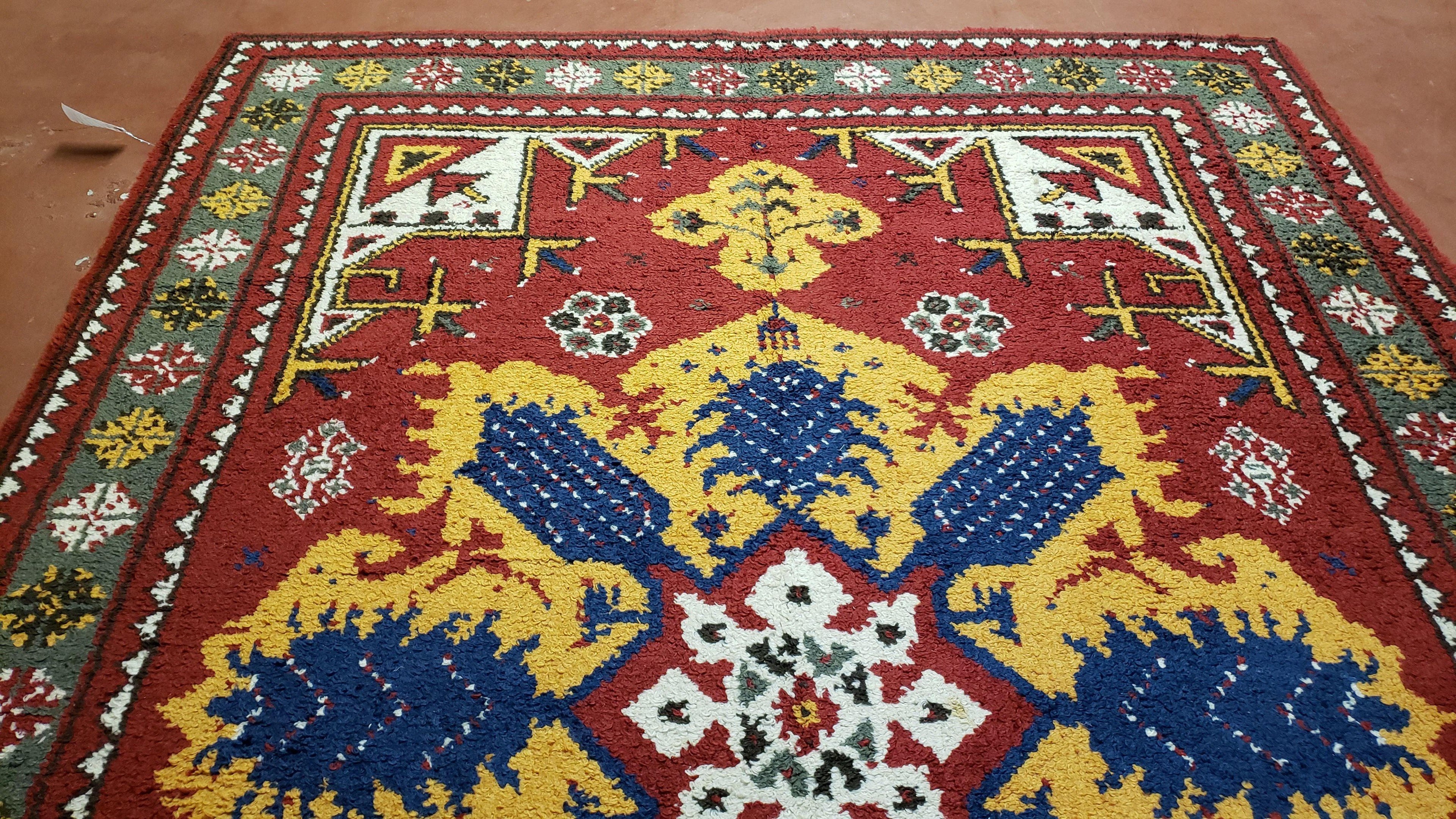 Colorful Moroccan Heriz Rug 6x9, Large Central Medallion, Red Yellow Blue