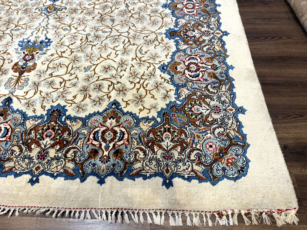 Persian Kashan Rug 9 x 12.6, Ivory and Blue, Floral Medallion, Wool Hand Knotted Semi Antique Carpet