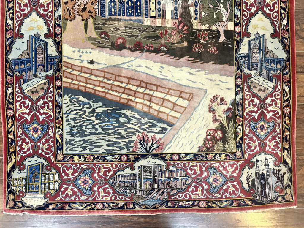 Persian Isfahan Pictorial Rug 3.6 x 5.7, Very Fine 400 KPSI, Historical Buildings, Signed By Masterweaver, Handmade