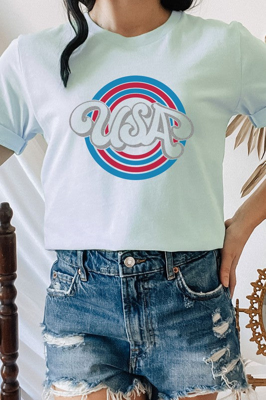 USA Patriotic Blue Red Circles July Graphic Tee T-Shirt