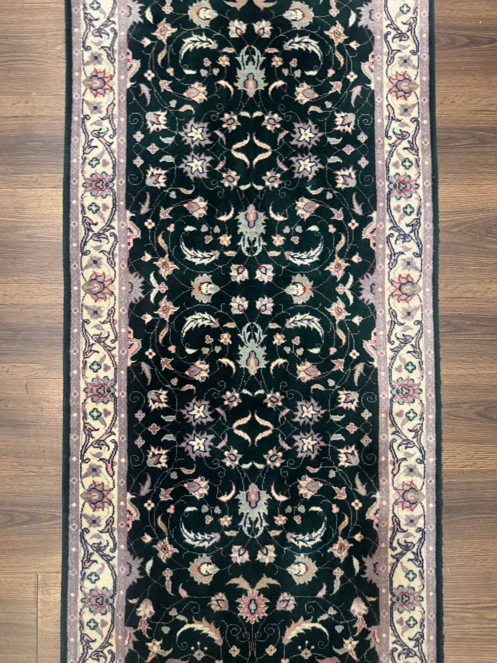 Pak Persian Runner Rug 2.6 x 10, Dark Green and Beige, Floral Allover