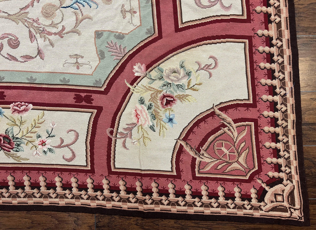 Needlepoint Rug 7.9 x 9, Beige Maroon Rose, Handmade Handwoven Flatweave Aubusson Savonnerie French European Elegant Carpet, Wool Rug