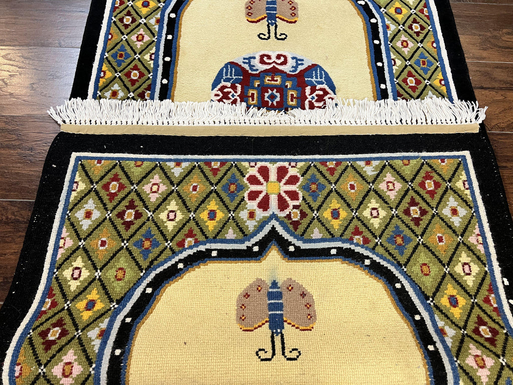 Chinese Rug 3x6 ft, Chinese Wool Rug, Tiensin Rug, Handmade Wool 3 x 6 Vintage Peking Rug, Art Deco Rug, Butterflies