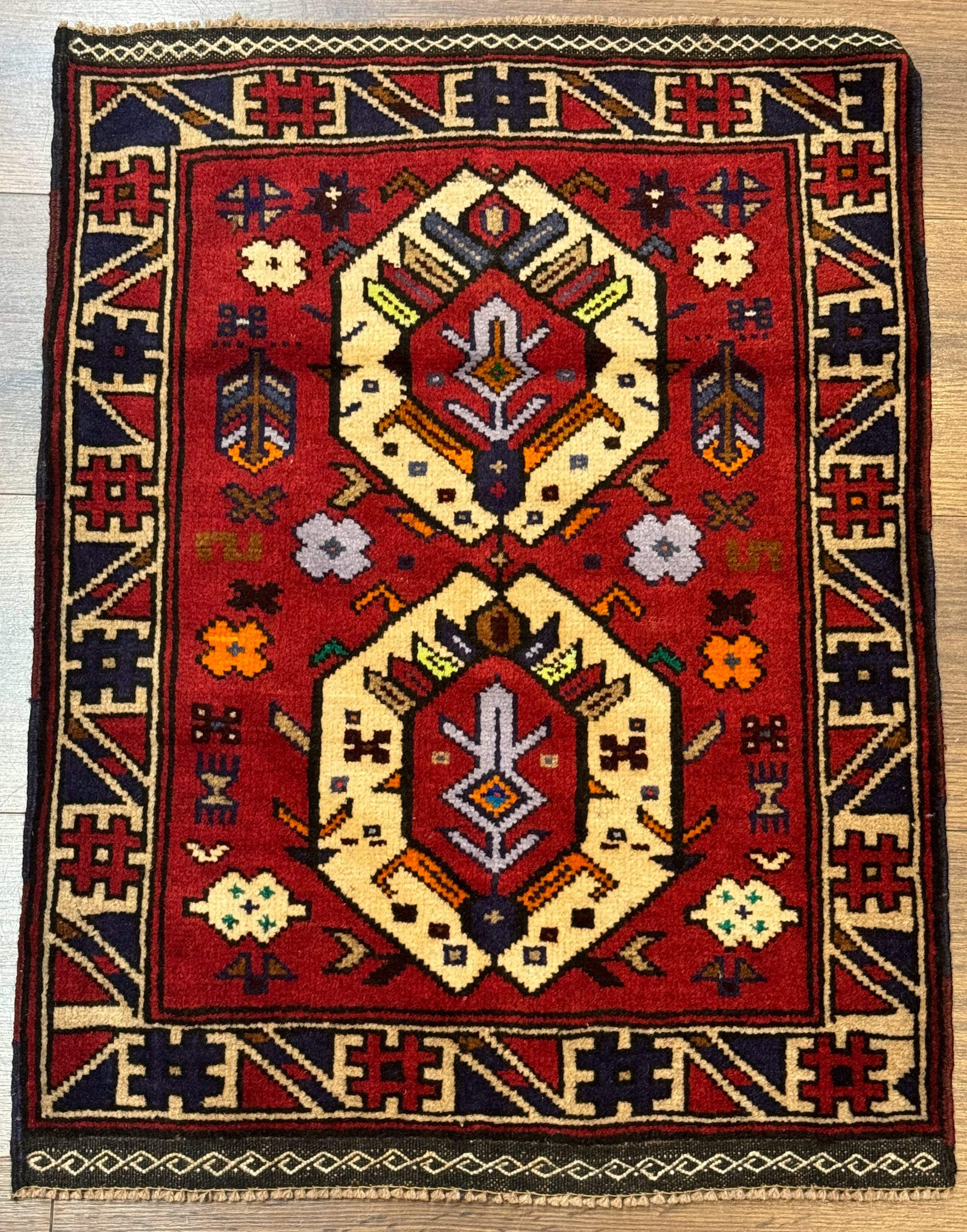 Small Persian Tribal Rug, Red and Ivory, Baluch Rug