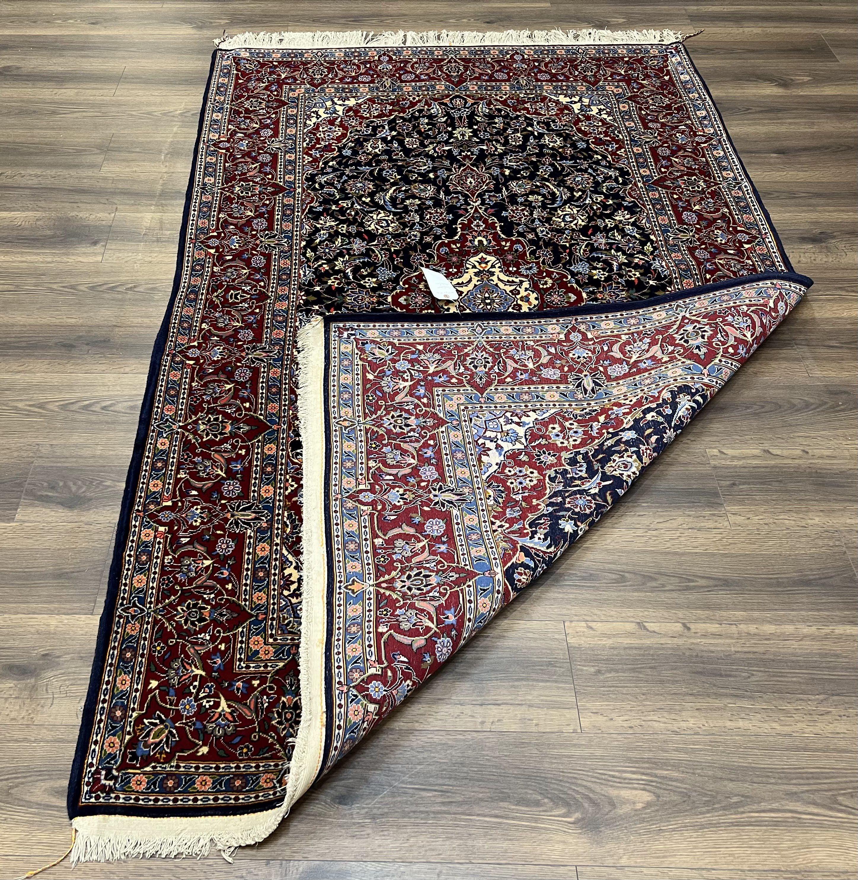 Dark Blue Persian Rug 5x8, Kork Wool Semi Antique Kashan Carpet, Very Fine Lachak Toranj Rug, Hand Knotted Floral Medallion Rug, 5 x 8 Oriental Rug