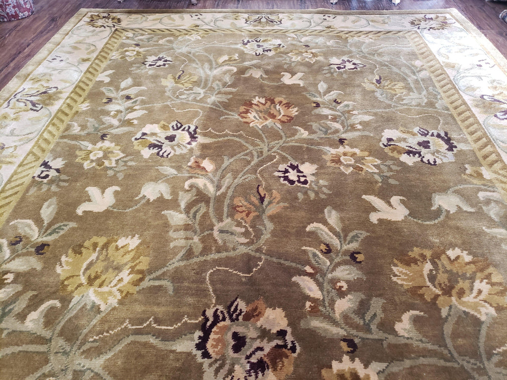 8x10 Tibetan Rug, Green & Beige Floral Rug, Large Handmade Wool Rug