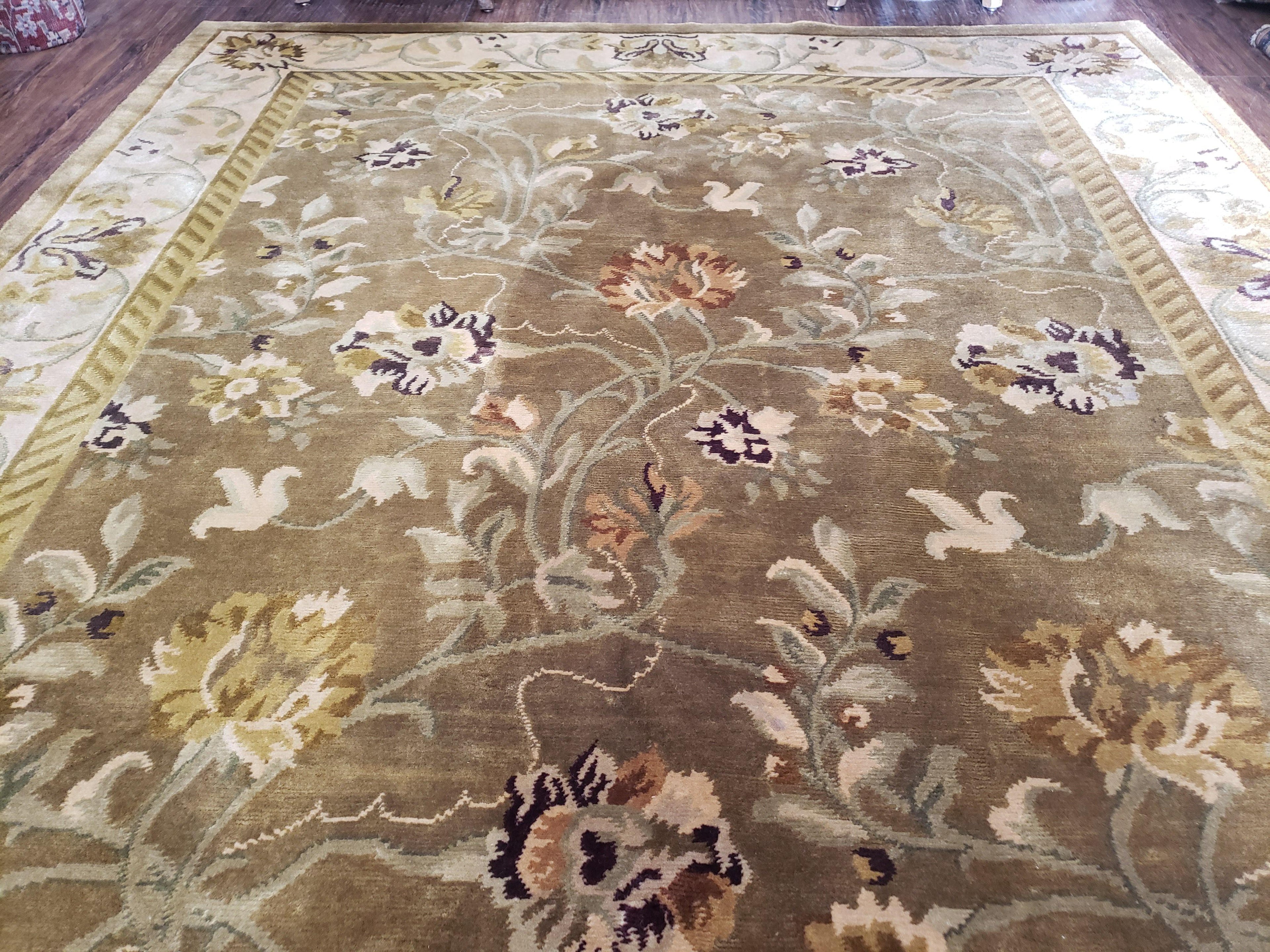 8x10 Tibetan Rug, Green & Beige Floral Rug, Large Handmade Wool Rug