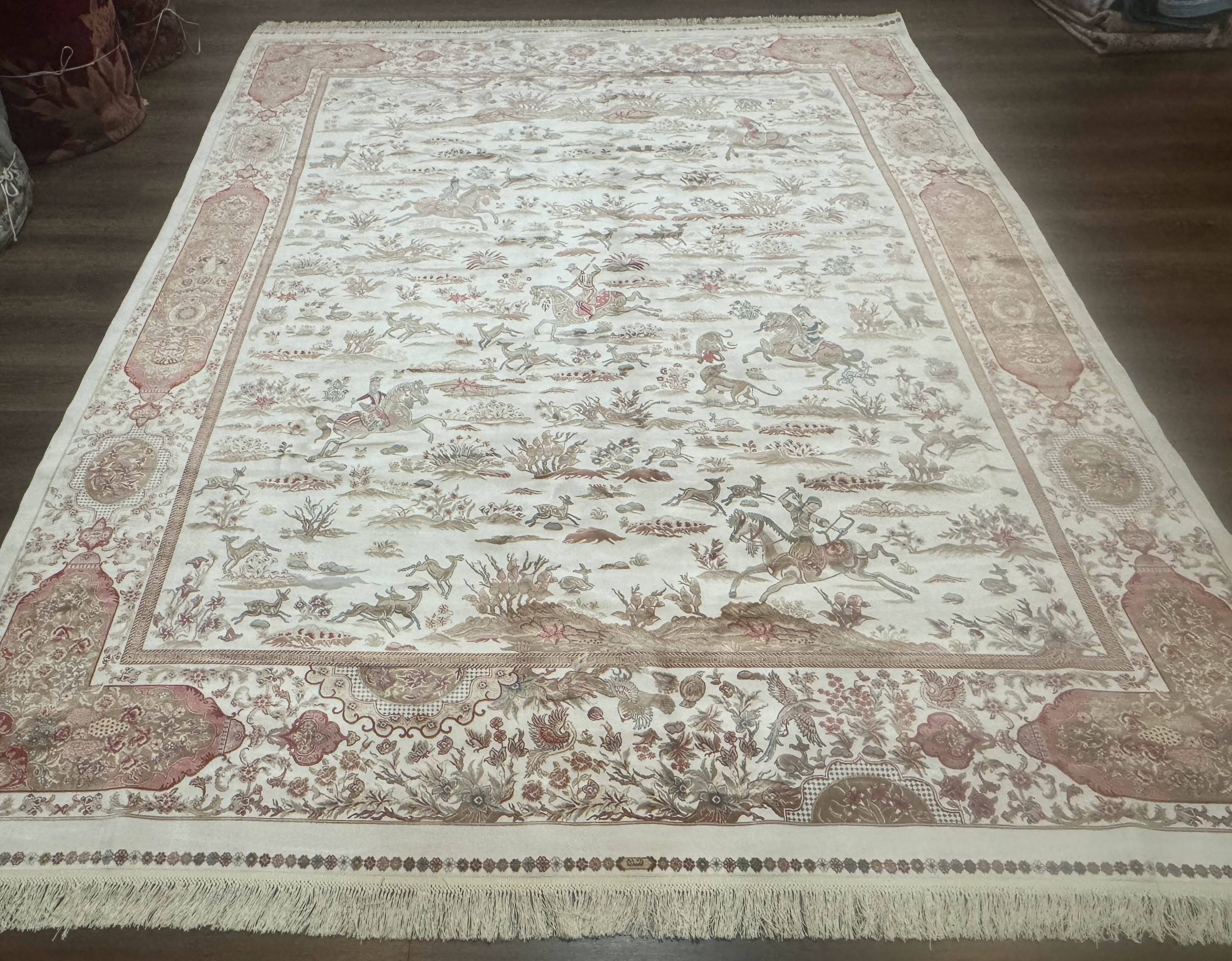 Large Turkish Silk Rug 8x10, Ivory, Hunting Design, Bamboo Silk, New