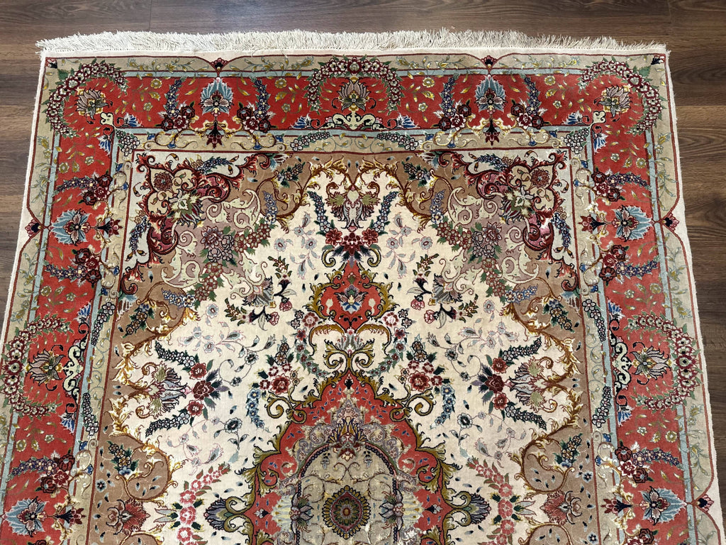 Wonderful Persian Tabriz Rug 5x7, Very Fine 440 KPSI, Ivory and Coral, Rare