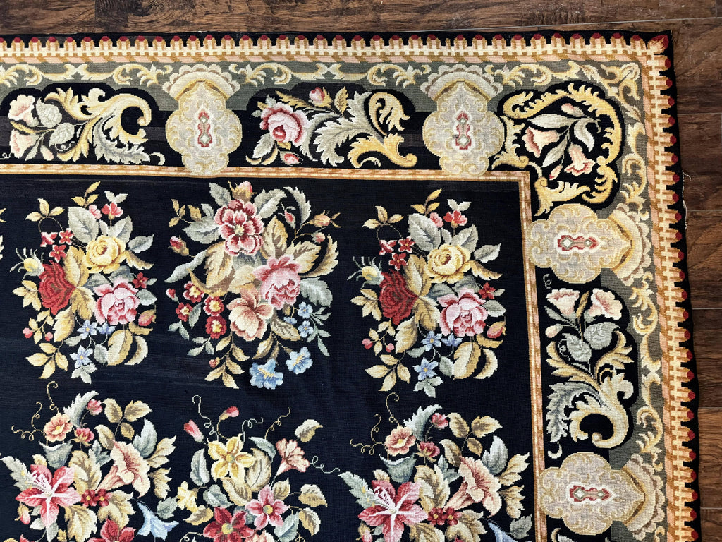 Palace Size Needlepoint Rug 12x16, Black and Colorful, Floral Panel, Handmade Oversized Wool Needlepoint Carpet, Rare