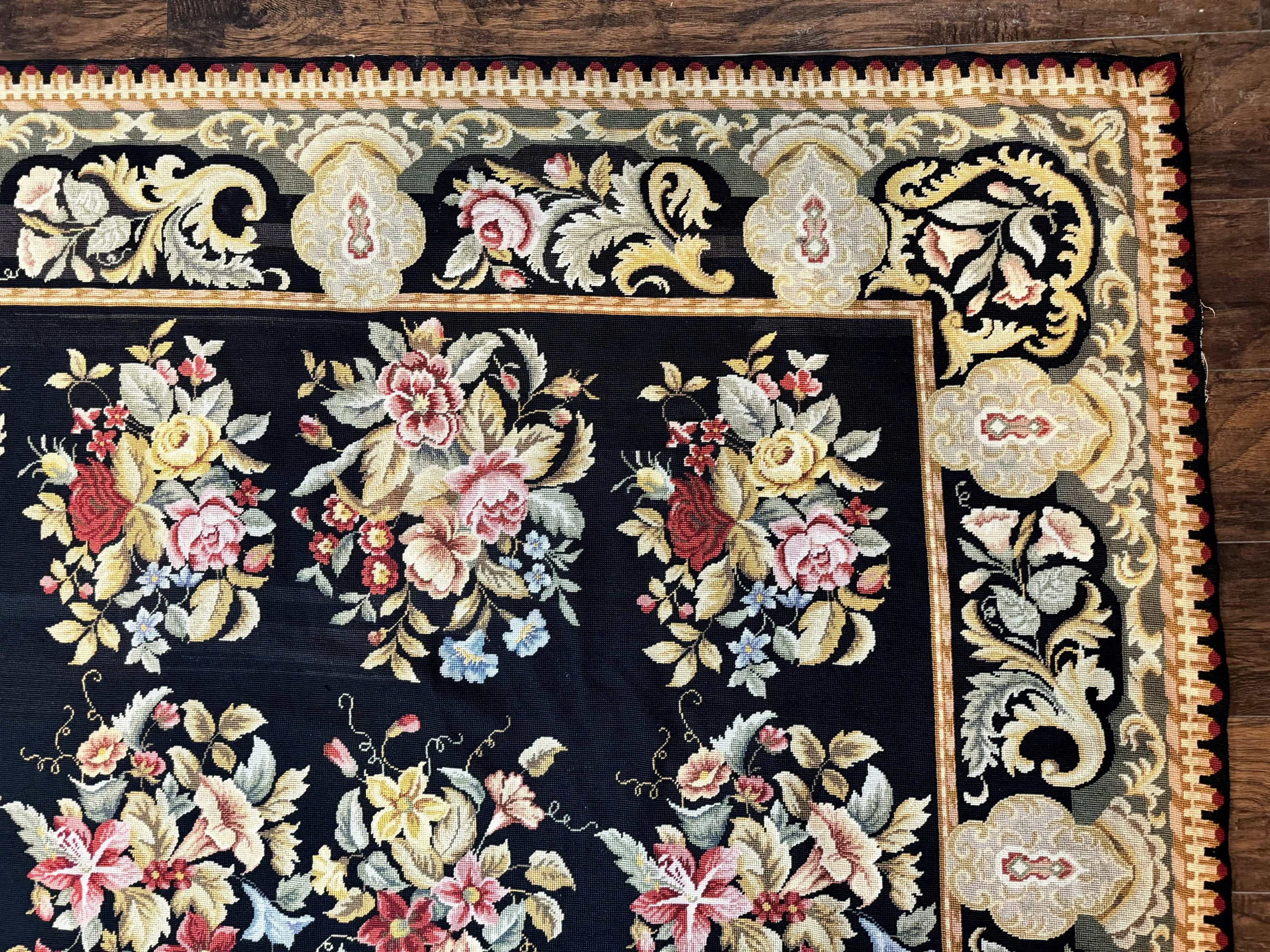 Palace Size Needlepoint Rug 12x16, Black and Colorful, Floral Panel, Handmade Oversized Wool Needlepoint Carpet, Rare
