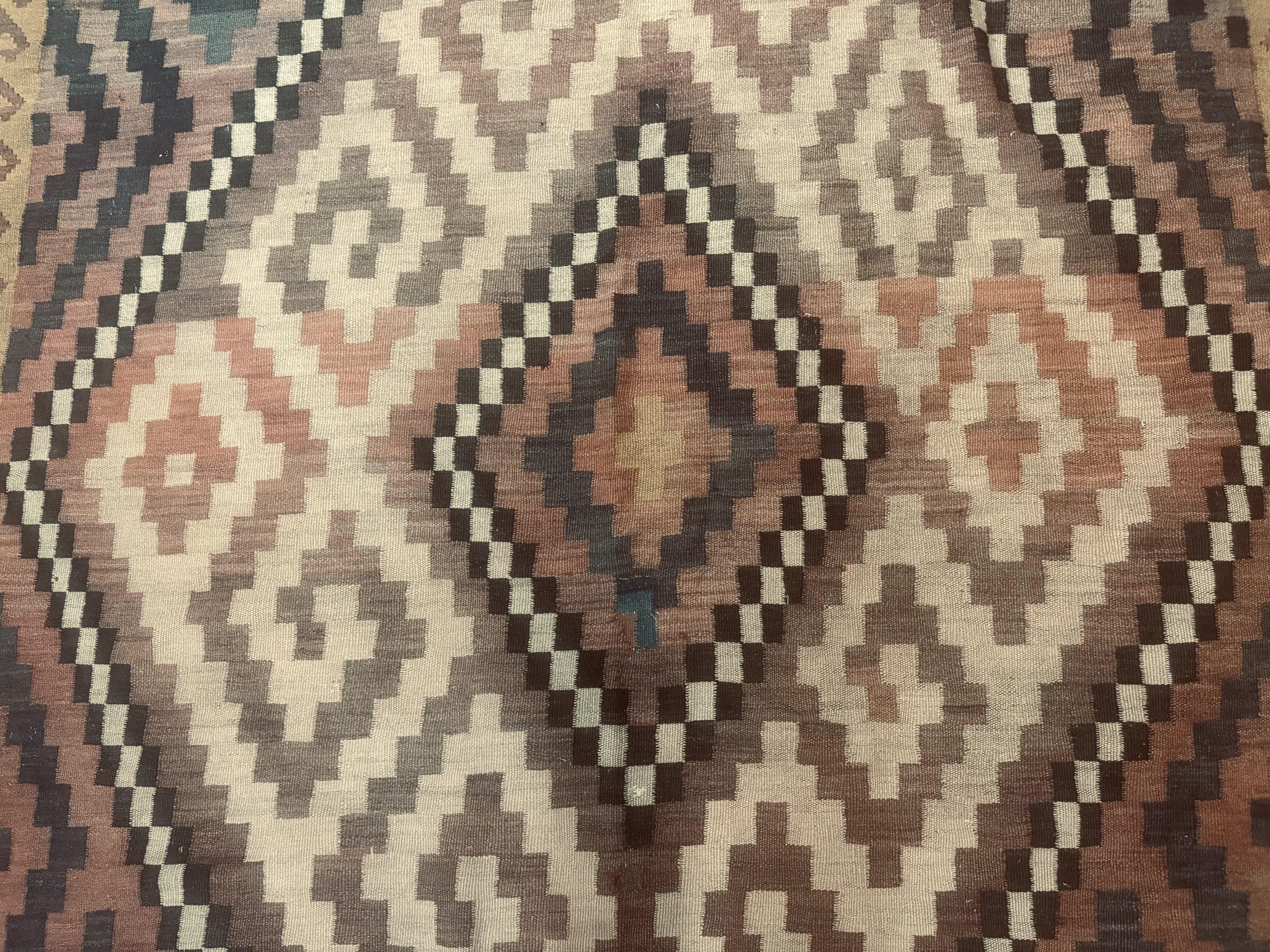 Antique Persian Tribal Kilim Rug 9x12, Zig Zag Pattern Kilim, Zarand Rug, Wool, Earth Tone Colors