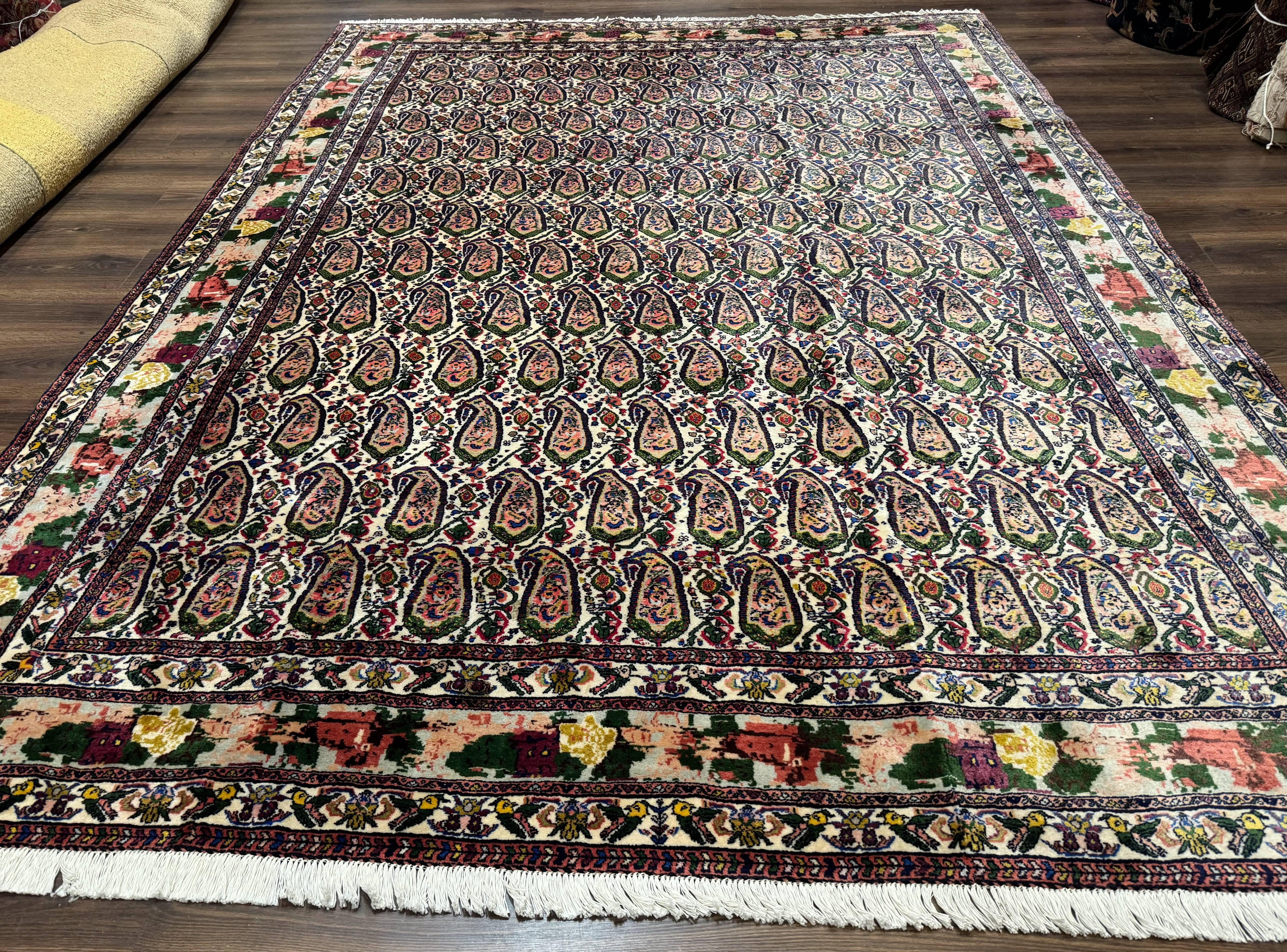 Persian Kurdish Rug 8x11, Repeated Allover Boteh Paisley Design, Bird Pictorials, Rare Antique Sannadaji Carpet