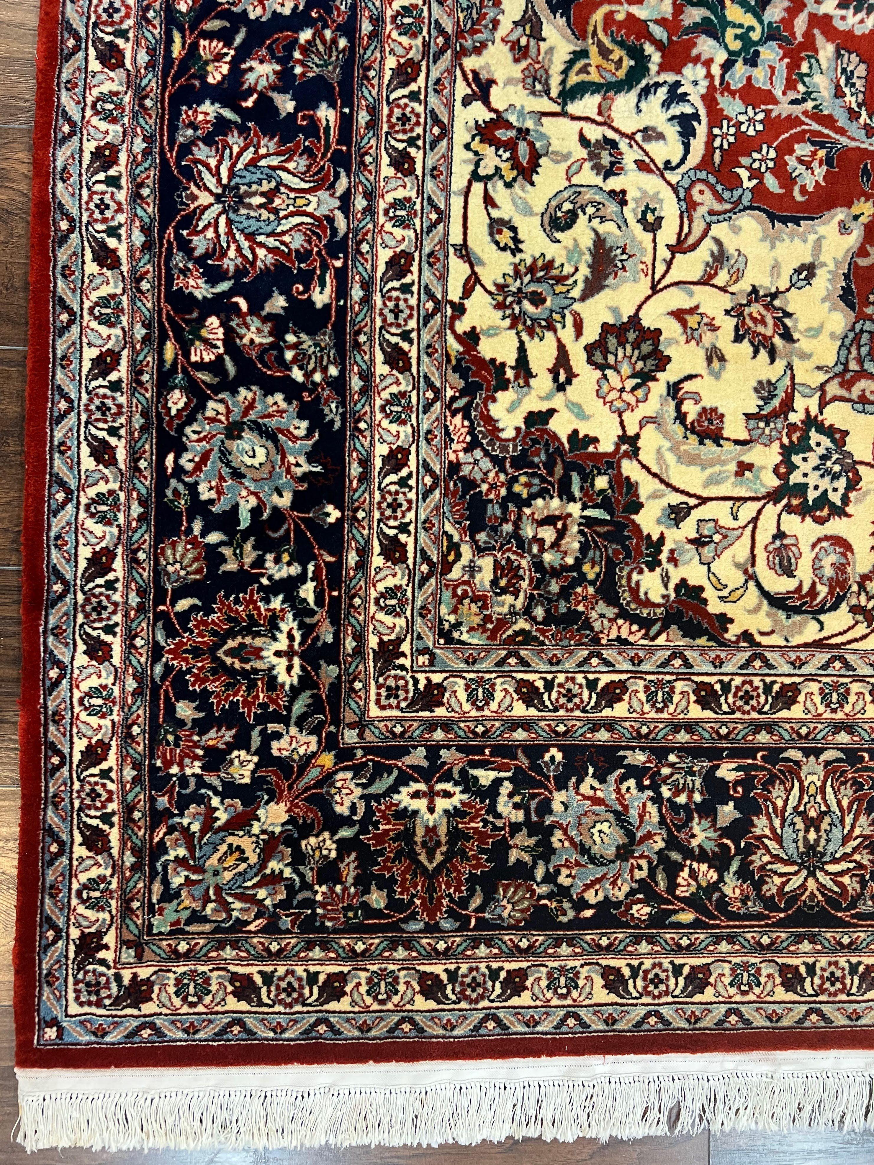 Fine Sino Persian Rug 7x10 ft, Floral Central Medallion Oriental Carpet, Red Navy Blue Cream, Hand Knotted Wool Traditional Vintage Rug