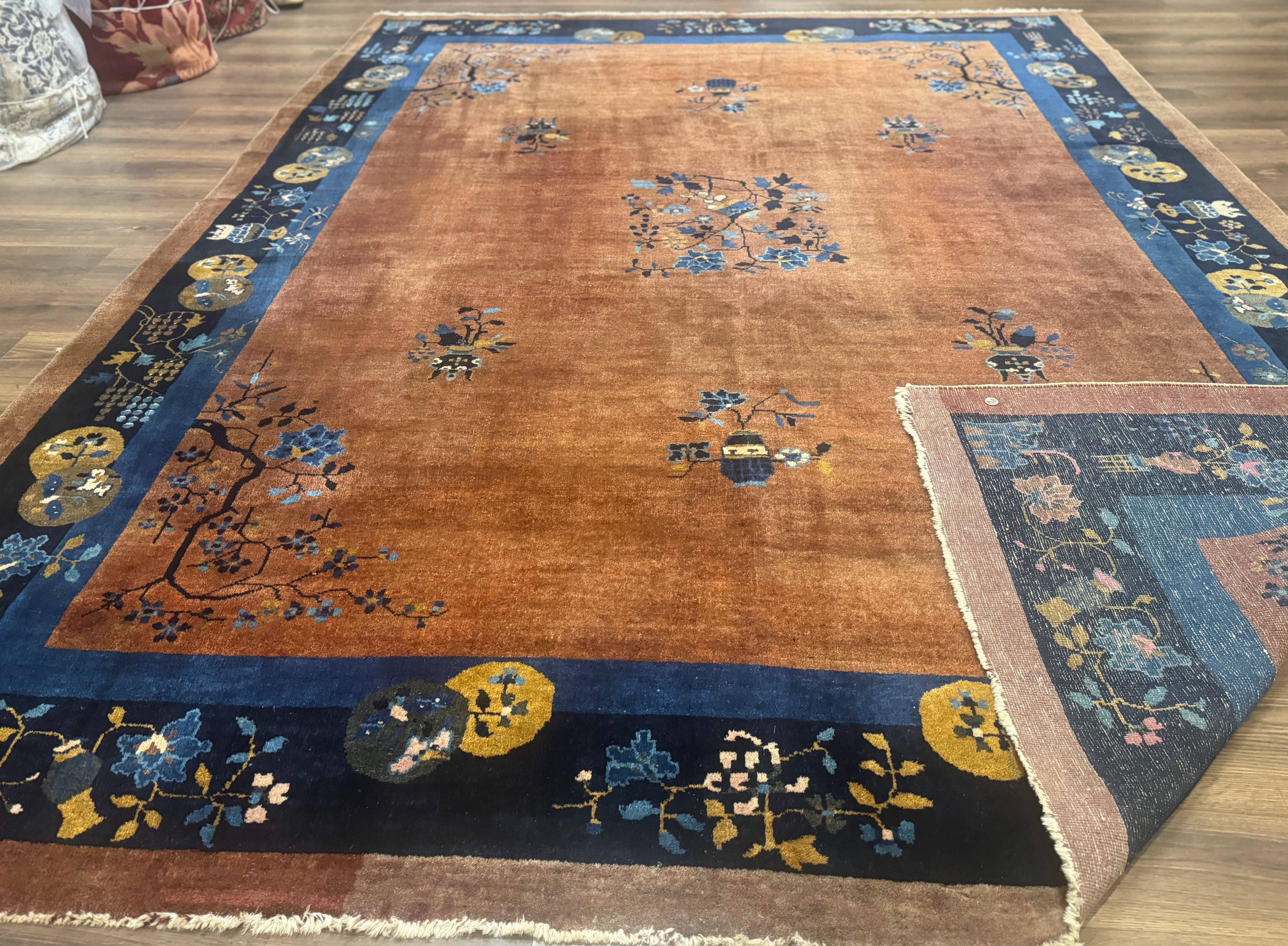 Antique Chinese Wool Rug 9x12, Light Brown and Navy Blue, Fete Peking Art Deco