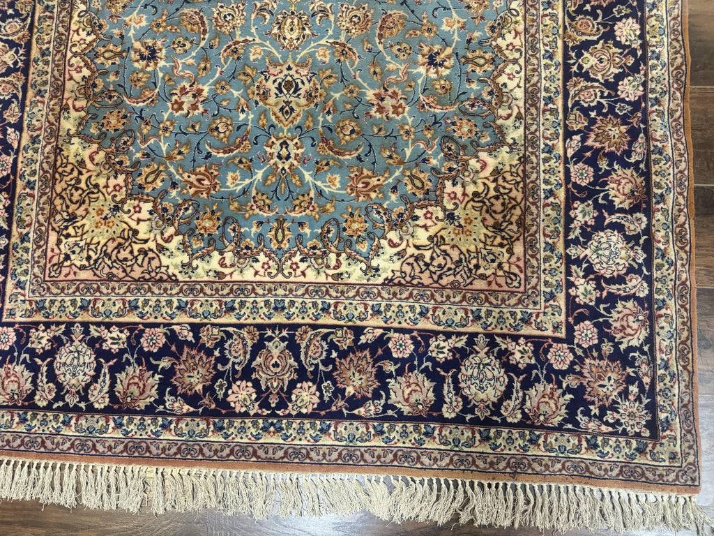 Light Blue Persian Isfahan Rug 5x8, Floral Medallion, Wool on Silk Foundation, Very Fine 530 KPSI, Handmade Carpet