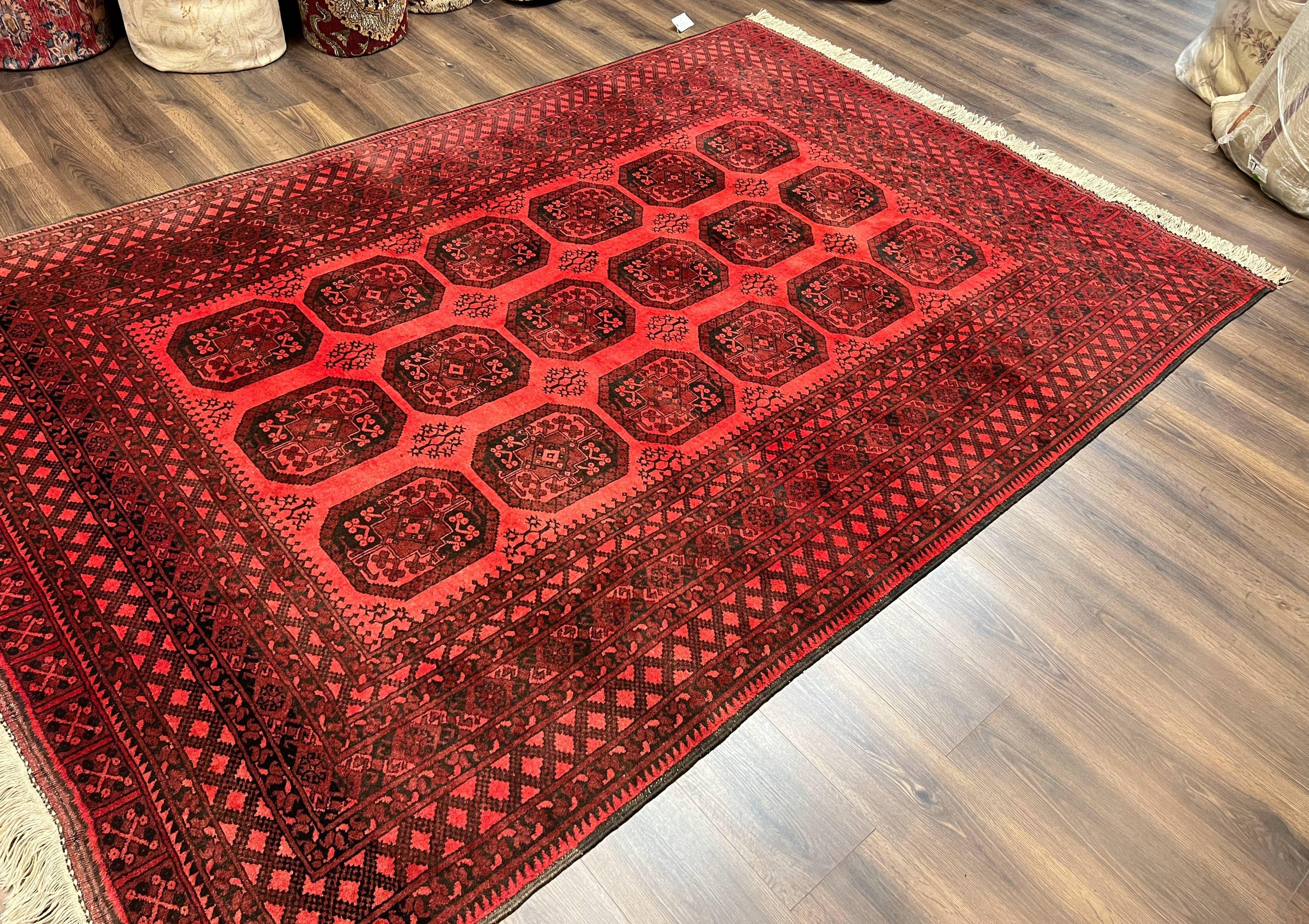 Afghan Turkoman Rug 7x10, Vintage Yamud Beshir Bokhara Carpet, Red and Black Bukhara Hand-Knotted Oriental Wool Handmade Rug, Elephant Foot