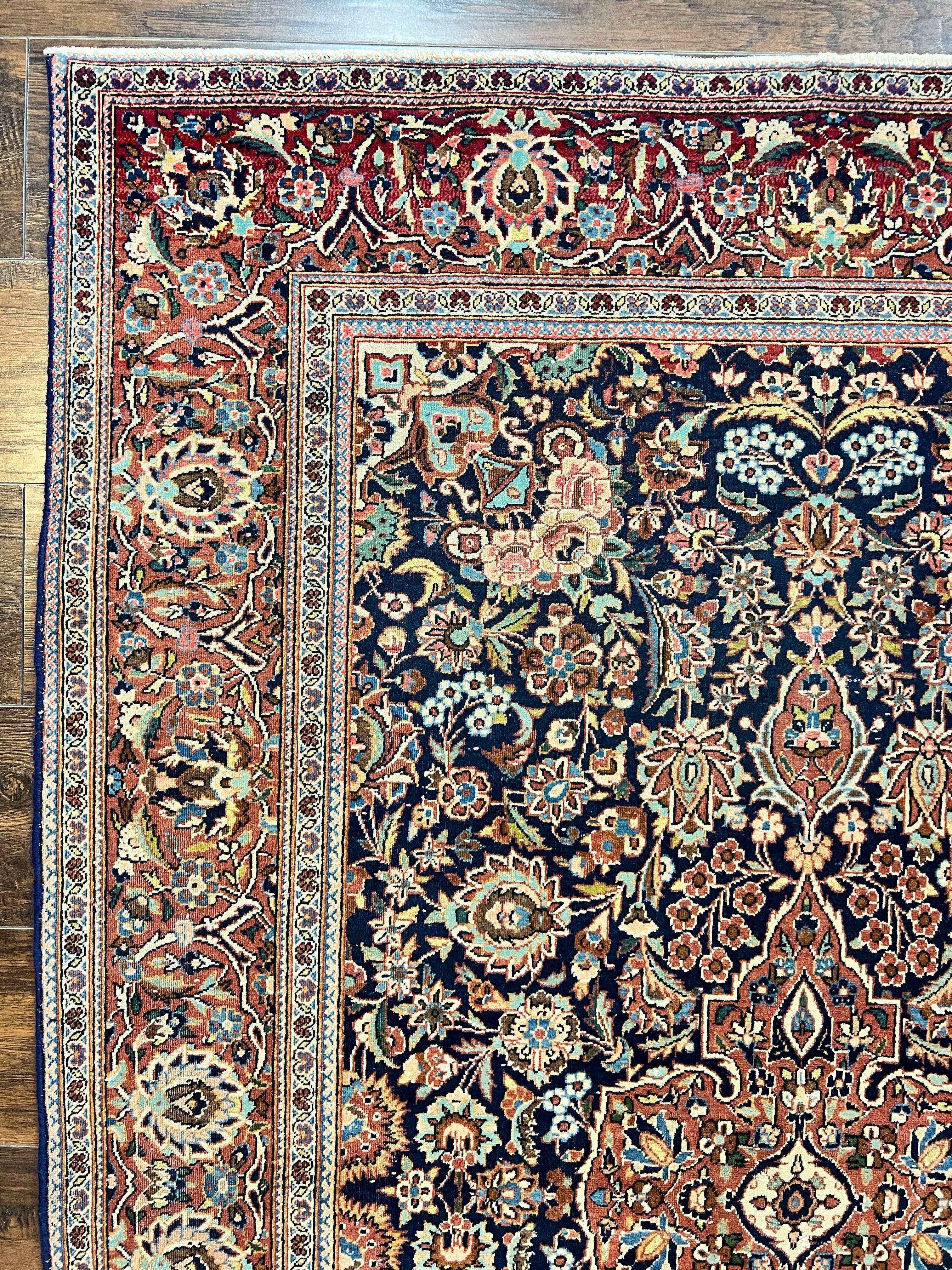 Persian Kashan Rug 4x7, Floral Medallion Vintage Handmade Hand Knotted Navy Blue & Red Wool Oriental Carpet, Highly Detailed Semi Antique Rug