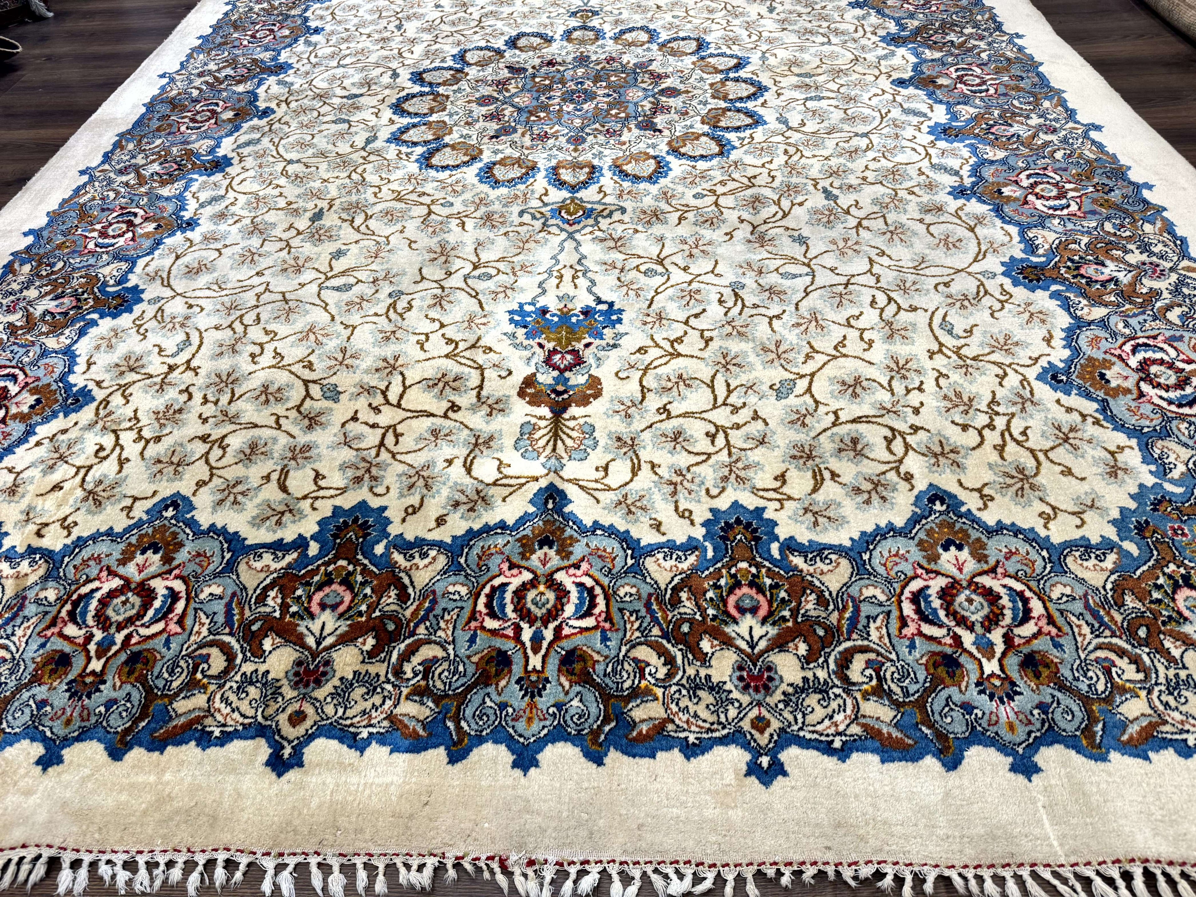 Persian Kashan Rug 9 x 12.6, Ivory and Blue, Floral Medallion, Wool Hand Knotted Semi Antique Carpet