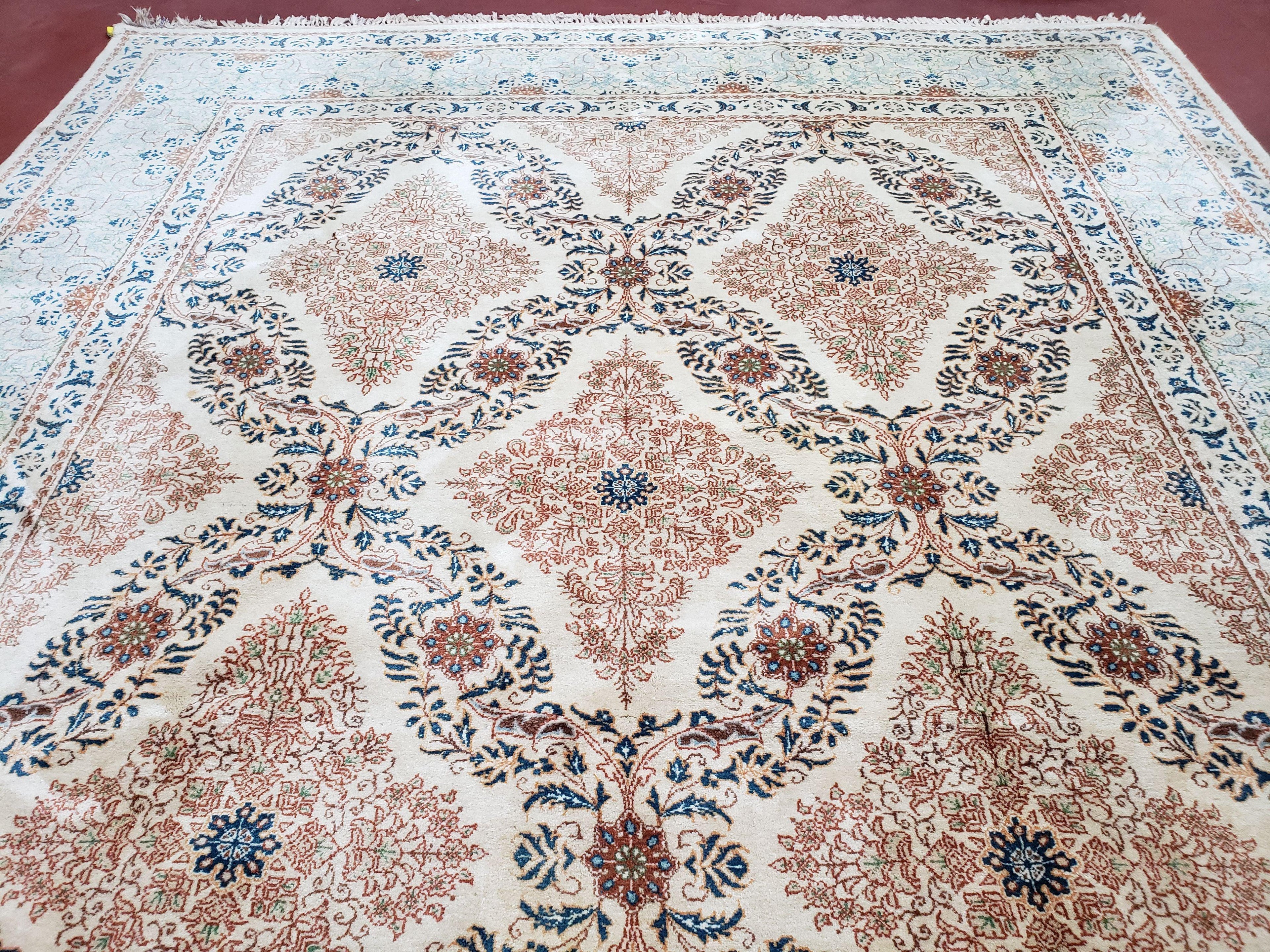 Fine Antique Persian Light Colored Kashan Carpet, 7x12, Top Quality, Rare, Ivory & Blues, Hand-Knotted, Wool
