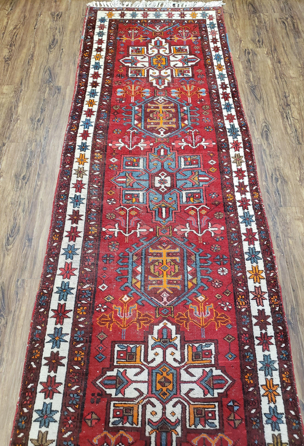 Antique Persian Heriz Karajeh Runner Rug 3x11, Hand-Knotted Red Geometric Medallions