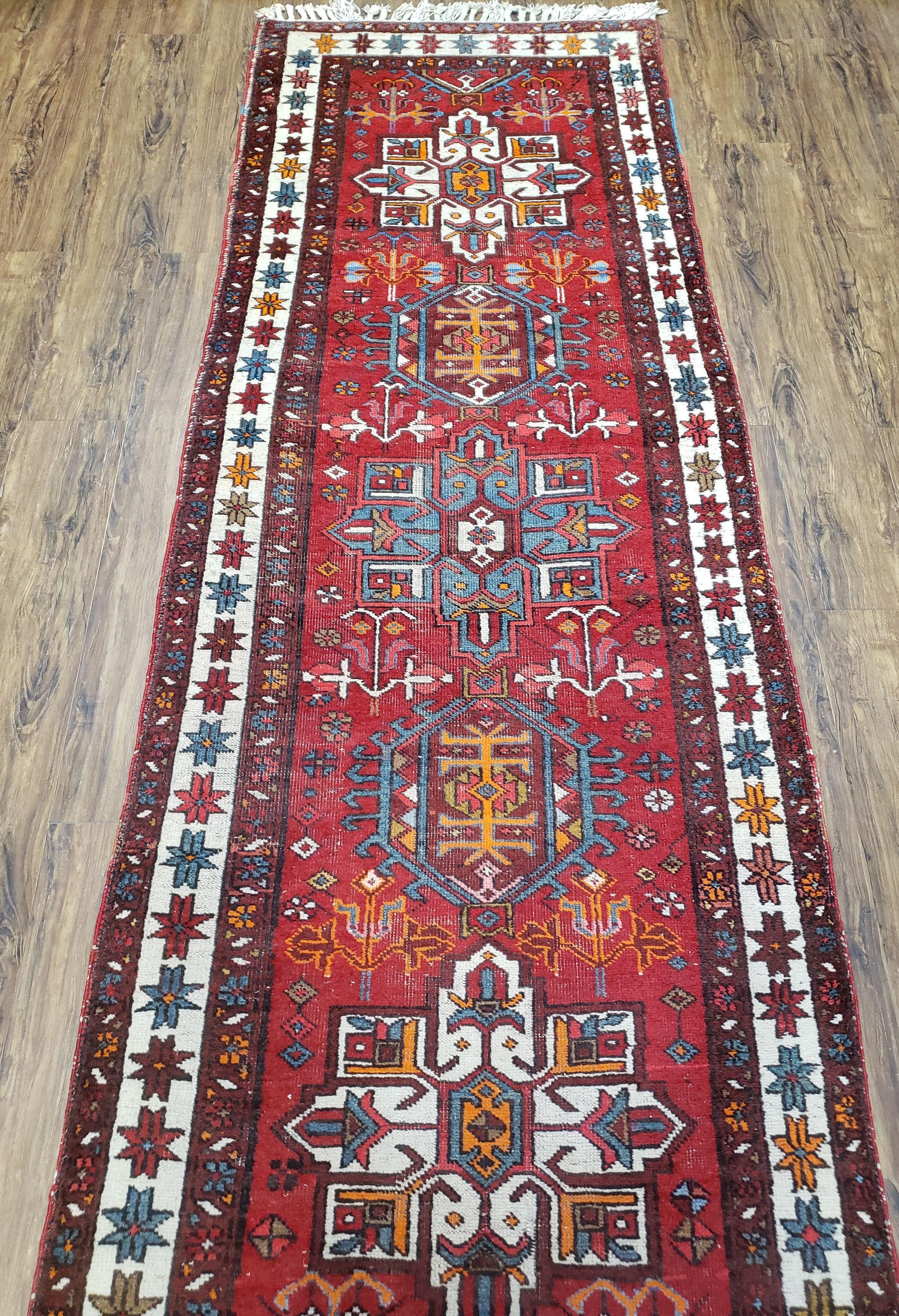 Antique Persian Heriz Karajeh Runner Rug 3x11, Hand-Knotted Red Geometric Medallions
