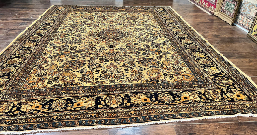 Antique Persian Rug 9x11, Wool Handmade 1920s Oriental Carpet, Persian Hamadan Anjelas Rug, Cream Black, Floral Allover Oriental Rug 9 x 11 Room Sized Rug