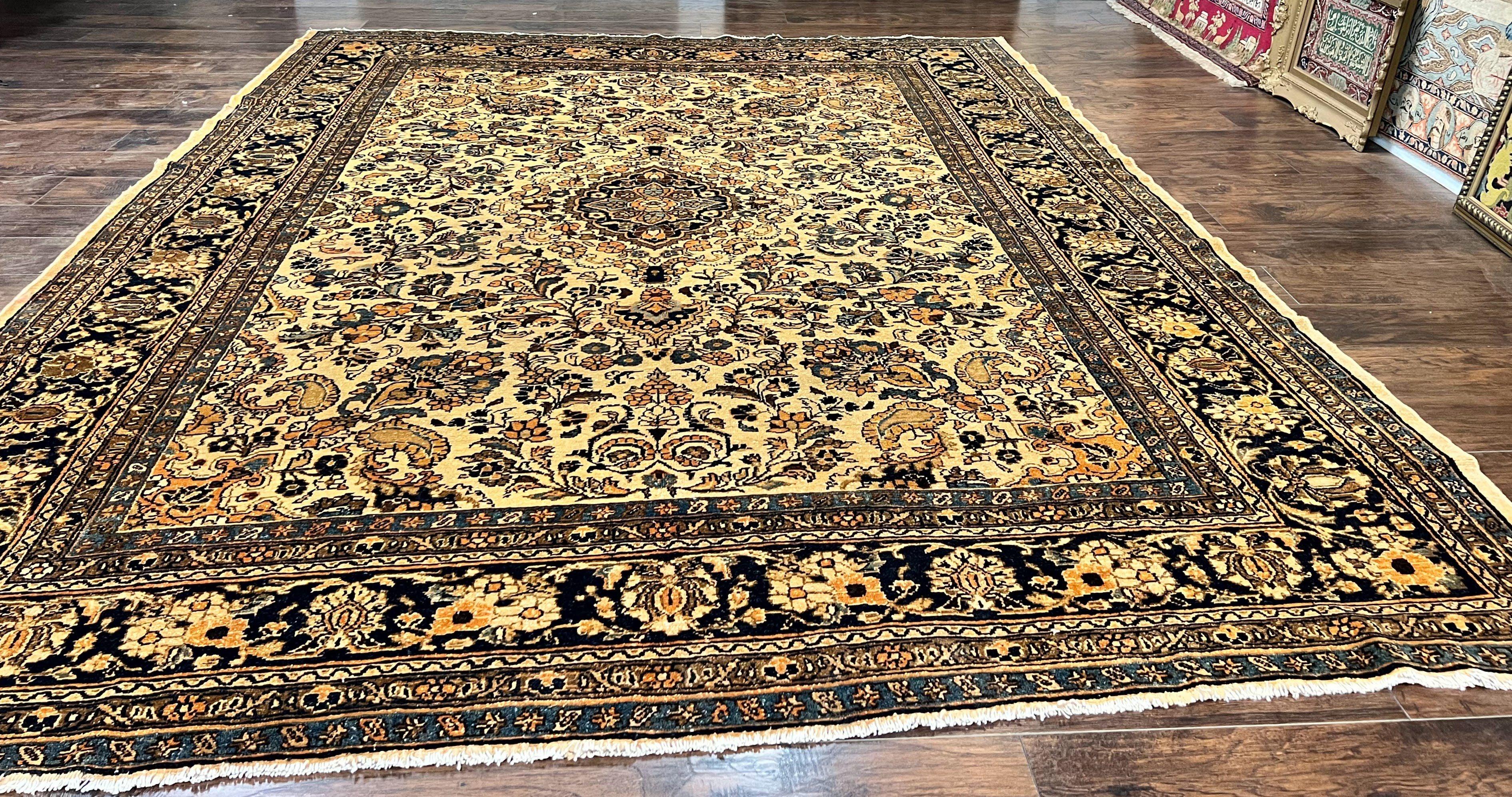 Antique Persian Rug 9x11, Wool Handmade 1920s Oriental Carpet, Persian Hamadan Anjelas Rug, Cream Black, Floral Allover Oriental Rug 9 x 11 Room Sized Rug