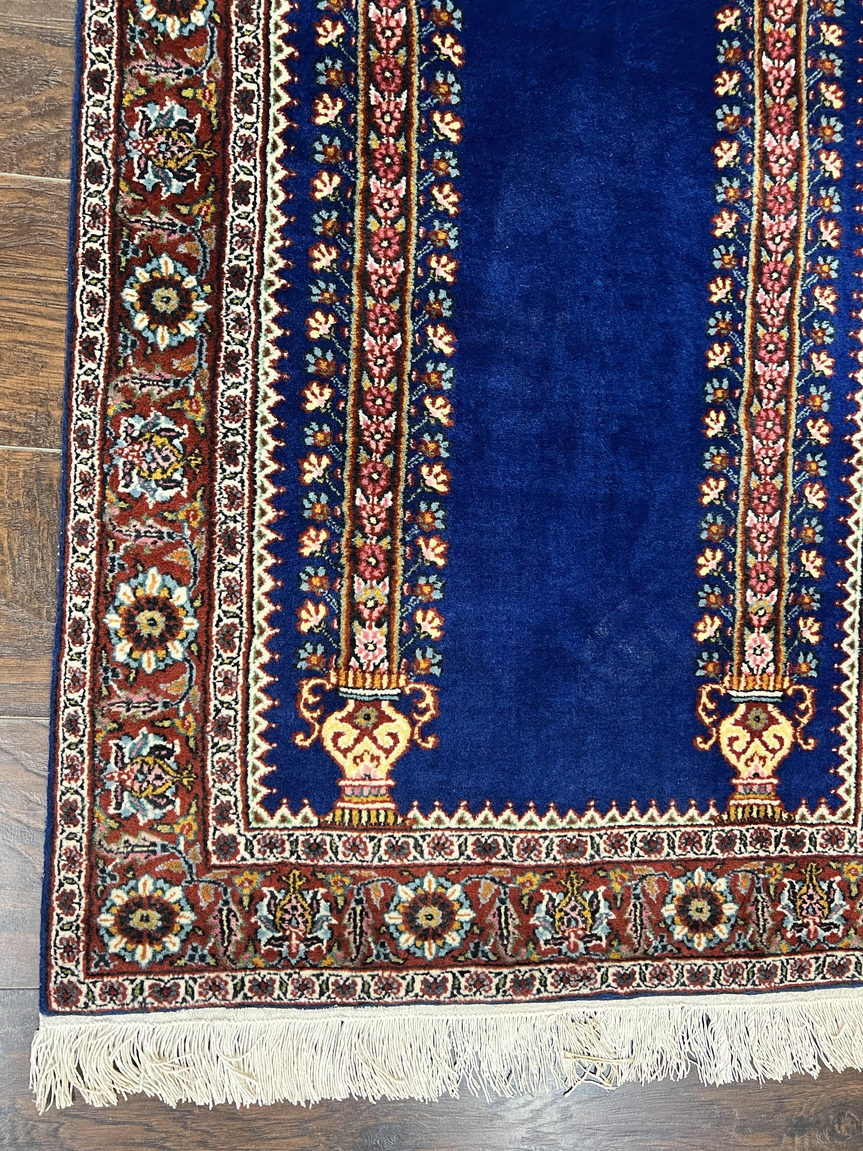 Indo Persian Prayer Rug 3x5, Fine Oriental Carpet, Dark Blue and Red, Vintage Hand Knotted Handmade Prayer Rug