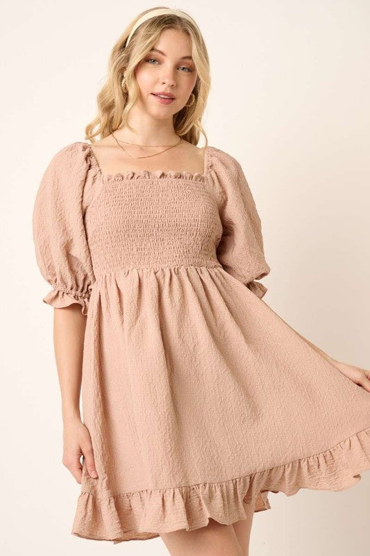 Smocked Ruffled Hem Half Sleeve Mini Dress, Cute, Elegant, Charming and Comfortable Mini Dress with Smocked Bodice and Whimsical Ruffled Hem