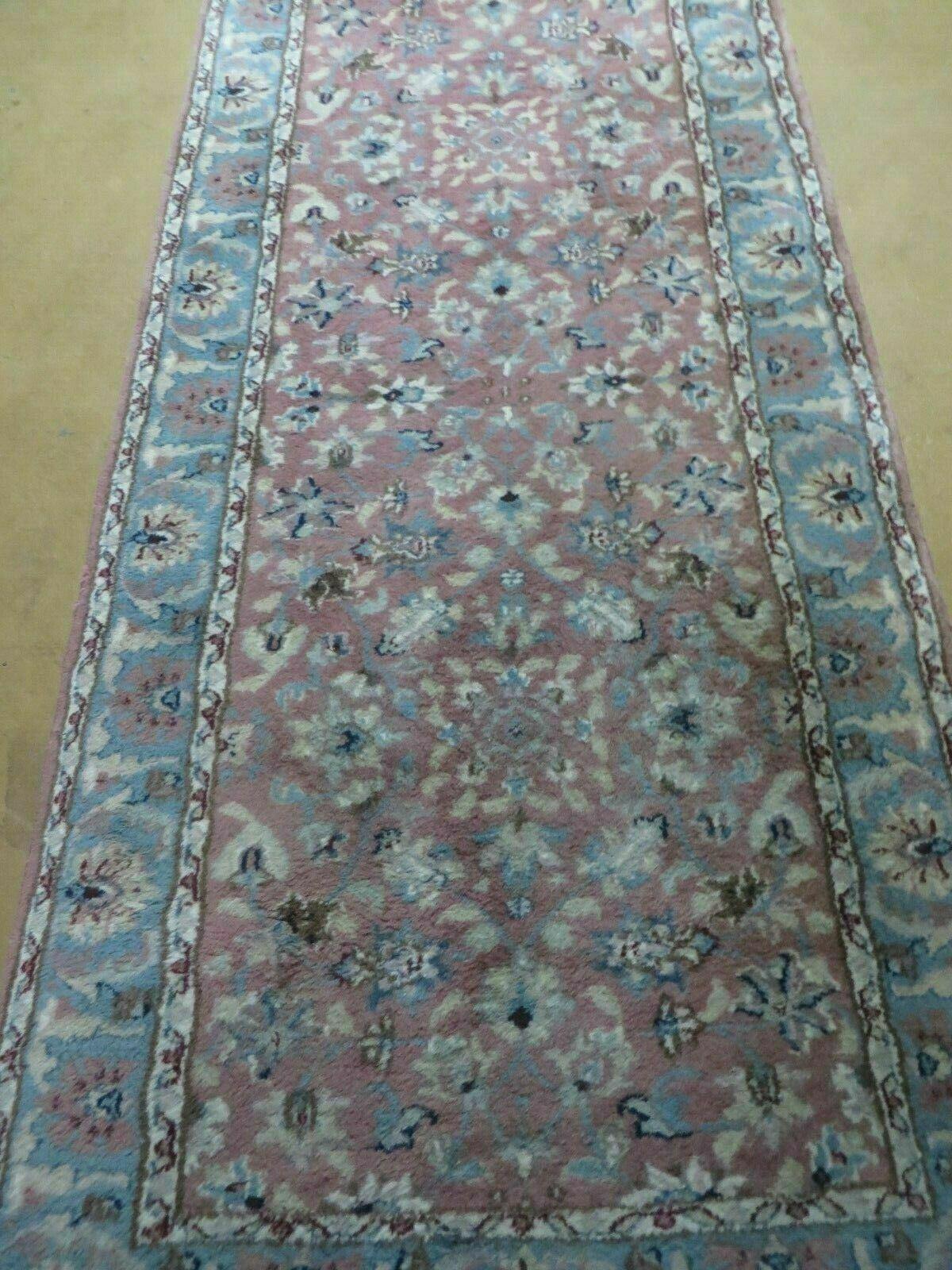 Indo Persian Runner Rug 2.8 x 12, Wool Hand Knotted, Pink and Light Blue