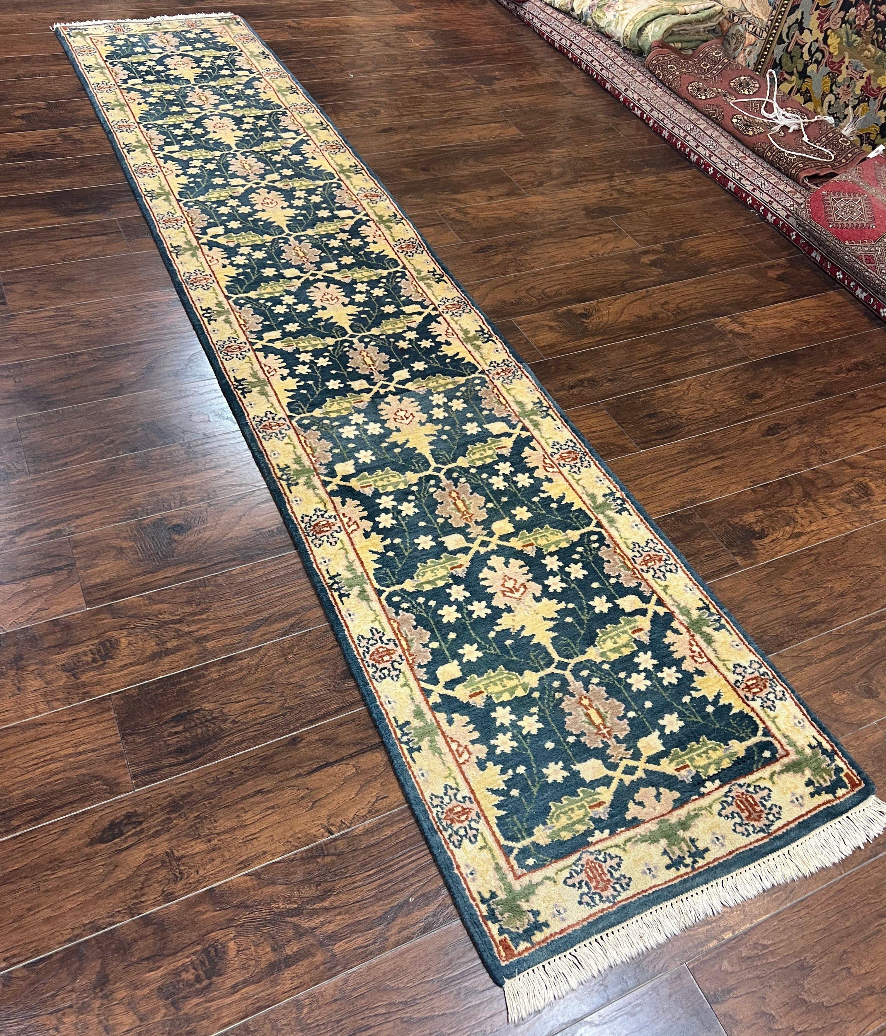 Indian Runner Rug 2.6 x 12, Navy Blue Beige Oriental Runner Rug 12ft Long, Narrow Hallway Runner, Wool Hand Knotted Indo Persian Mahal Rug